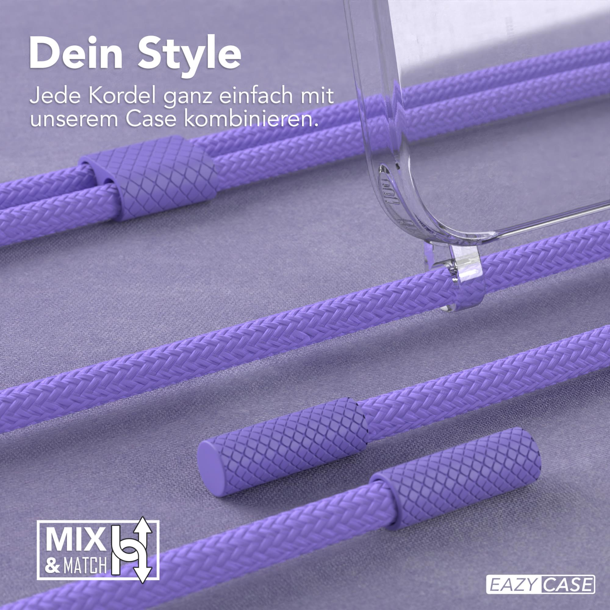 Eine lila Handykordel mit einer transparenten Handyhülle. Der Text lautet "Dein Style". Die Kordel kann mit der Hülle kombiniert werden.