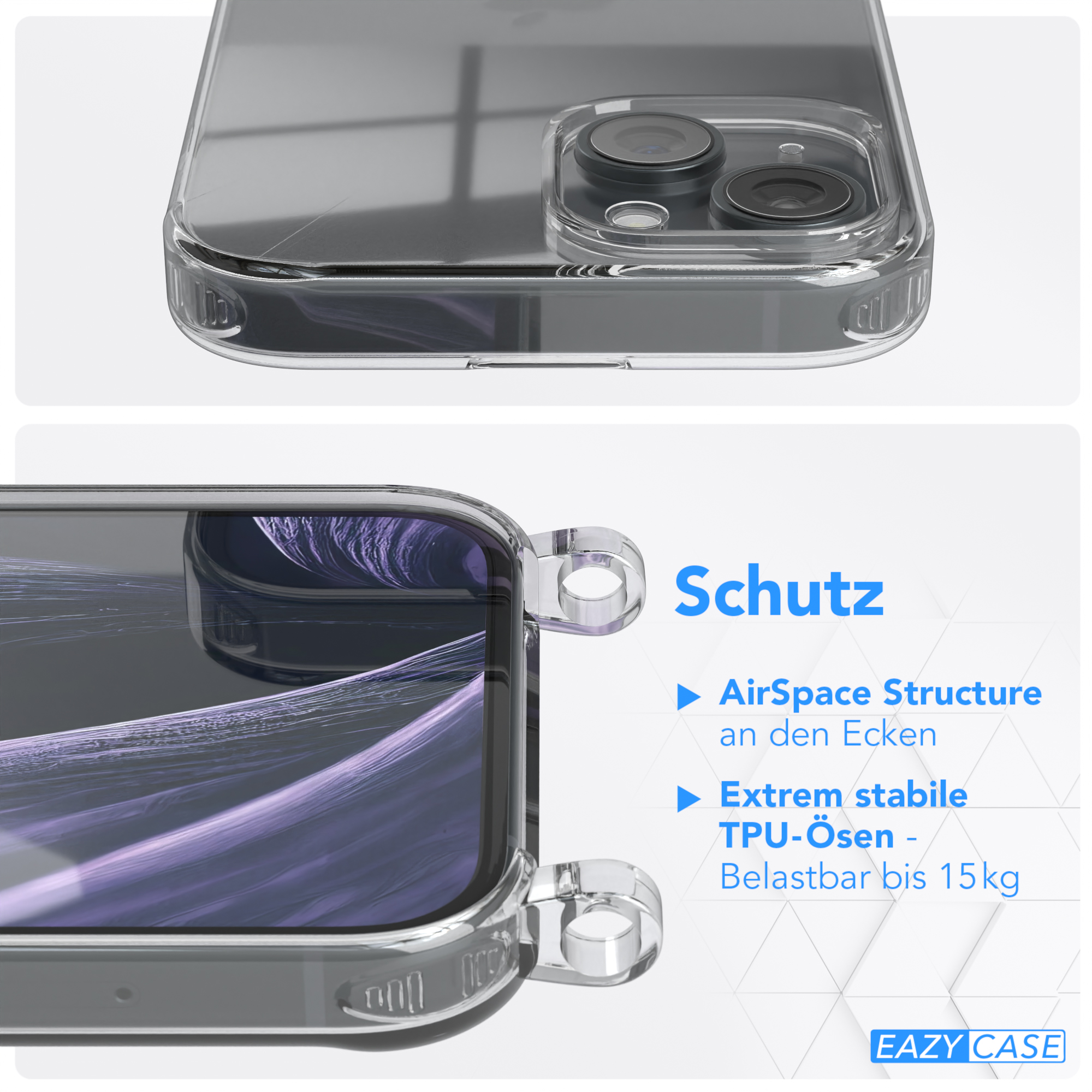 Eine transparente Handyhülle mit klarer Rückseite. Text sagt: 'AirSpace Structure' und 'TPU-Ösen'.