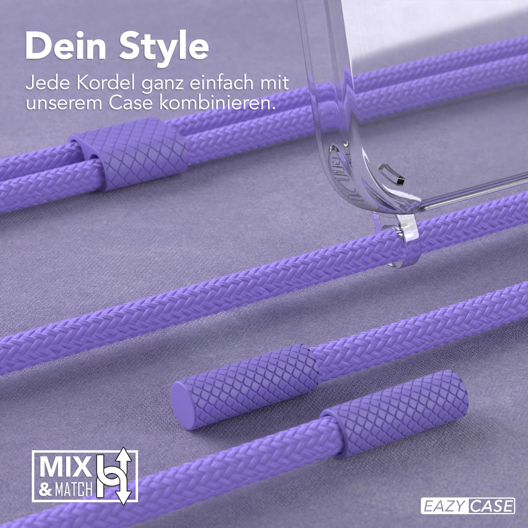 Nahaufnahme von lila Kabeln, Teil eines Handyhüllen-Sets. Text: 'Mix & Match' und 'Dein Style'.