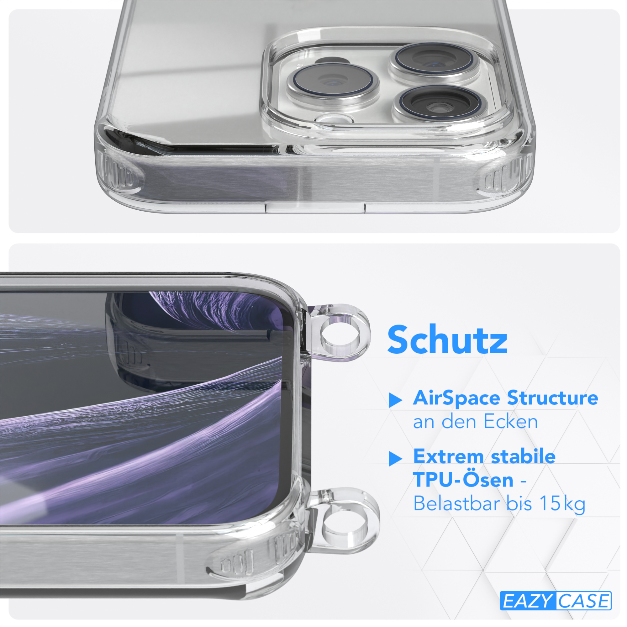 Transparente Handyhülle mit Telefon, zeigt Schutzfunktionen.
