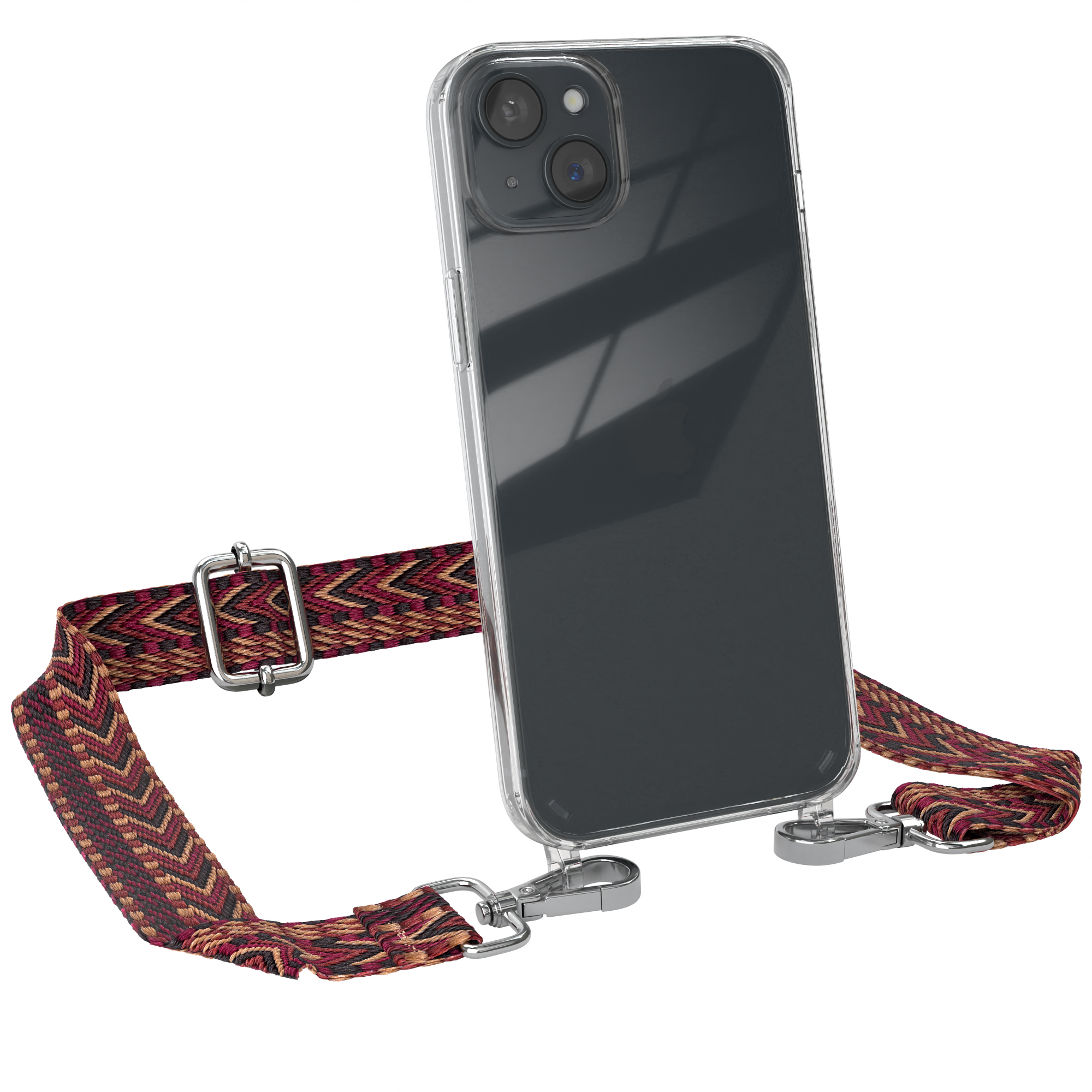 Umhängetasche, Kordel Plus, Braun / mit Handyhülle CASE Style, Boho EAZY Transparente 15 iPhone Rot Apple,