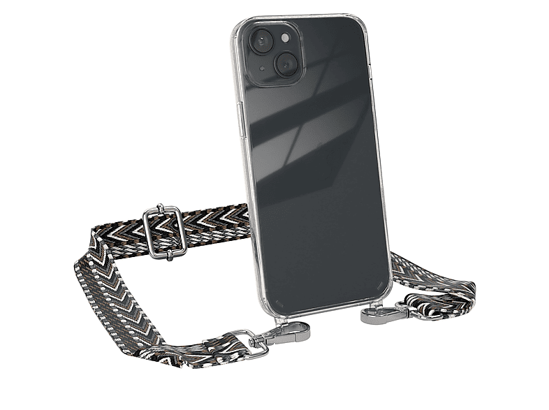 EAZY CASE Transparente Handyhülle mit Kordel Boho Style, Umhängetasche, Apple, iPhone 15 Plus, Schwarz / Grau