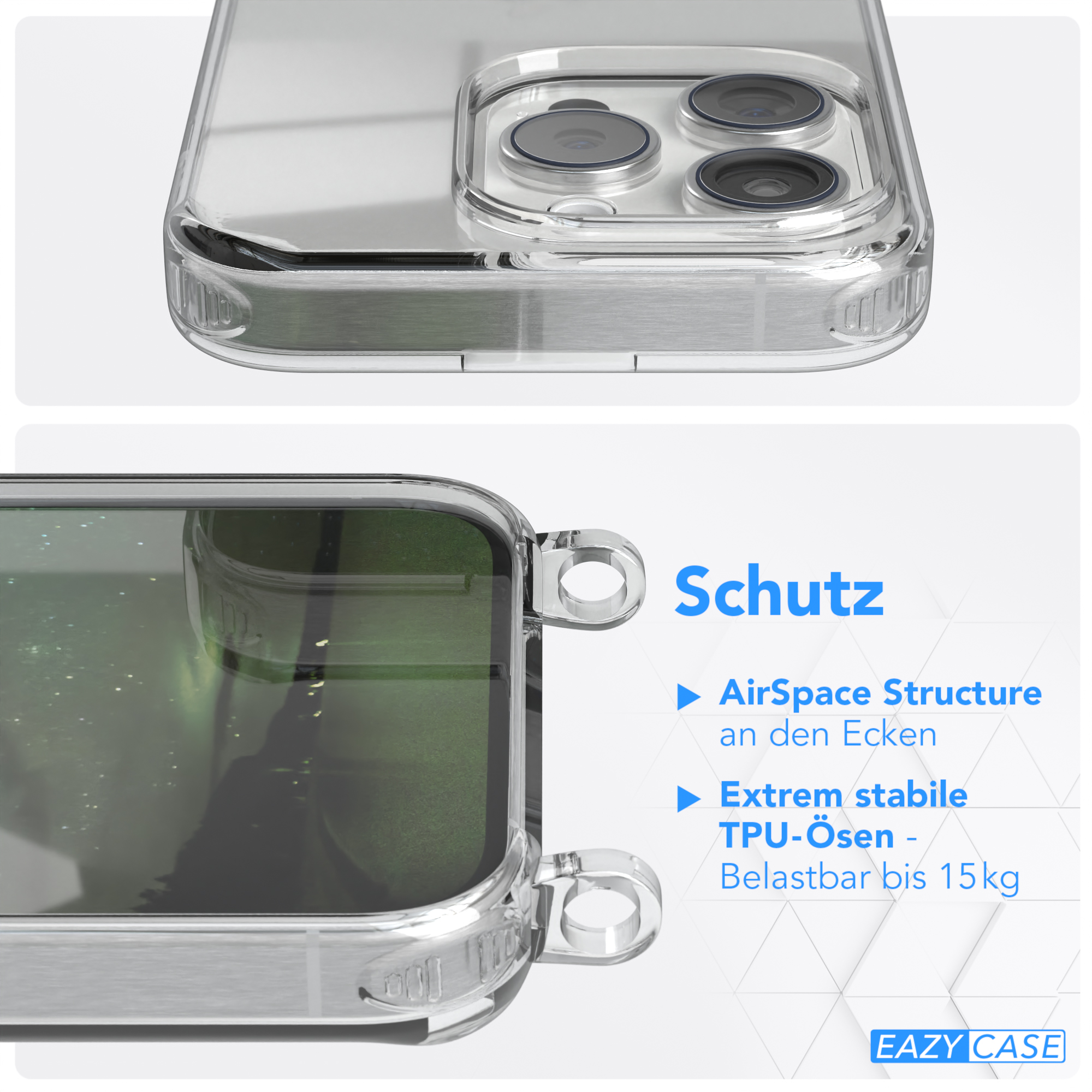 Nahaufnahme einer transparenten Handyhülle. Zeigt die Ecke und die Schutzfunktionen.