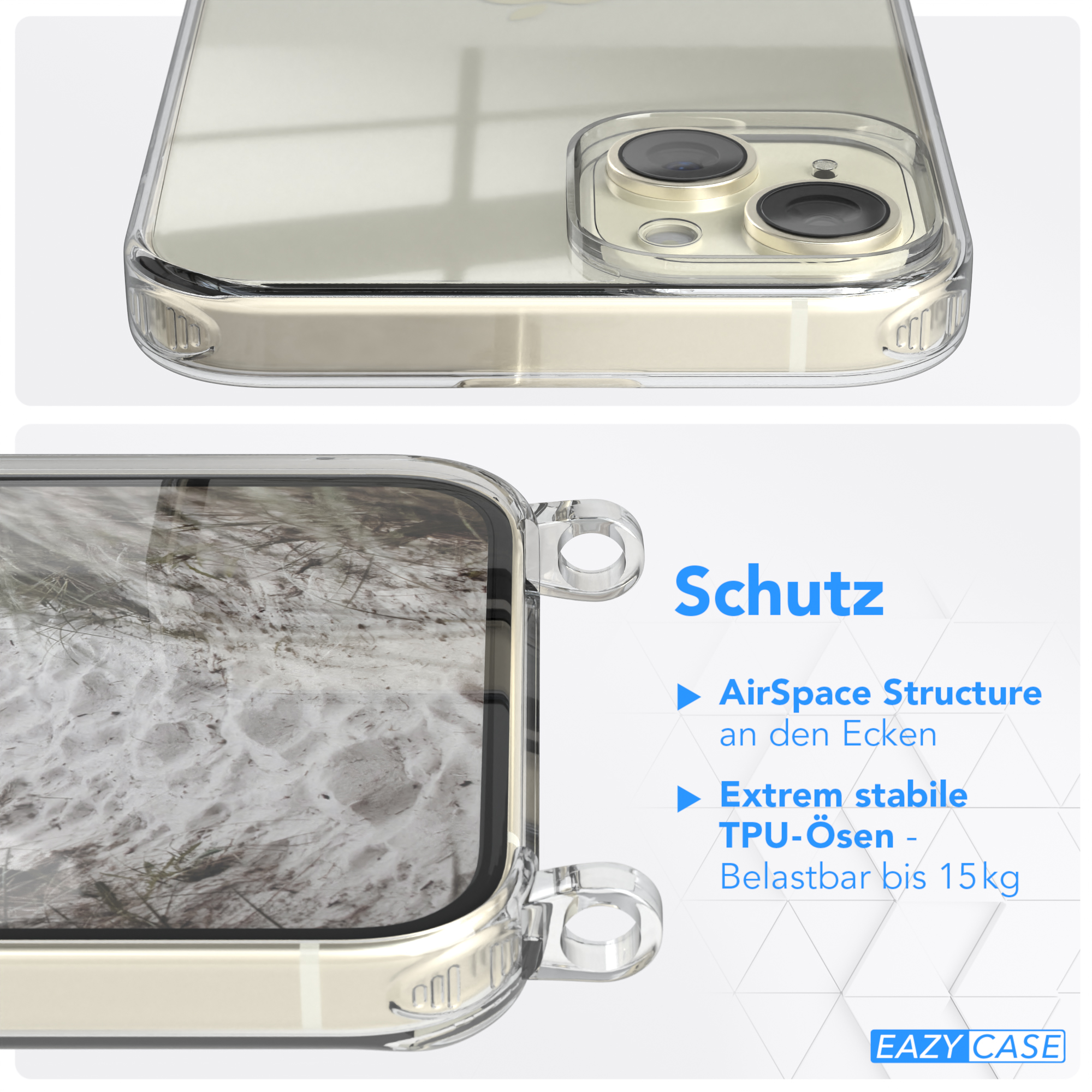 Transparente Handyhülle mit transparentem Rücken, zeigt den Kamera Bereich und die Seite mit einer Schlaufe.