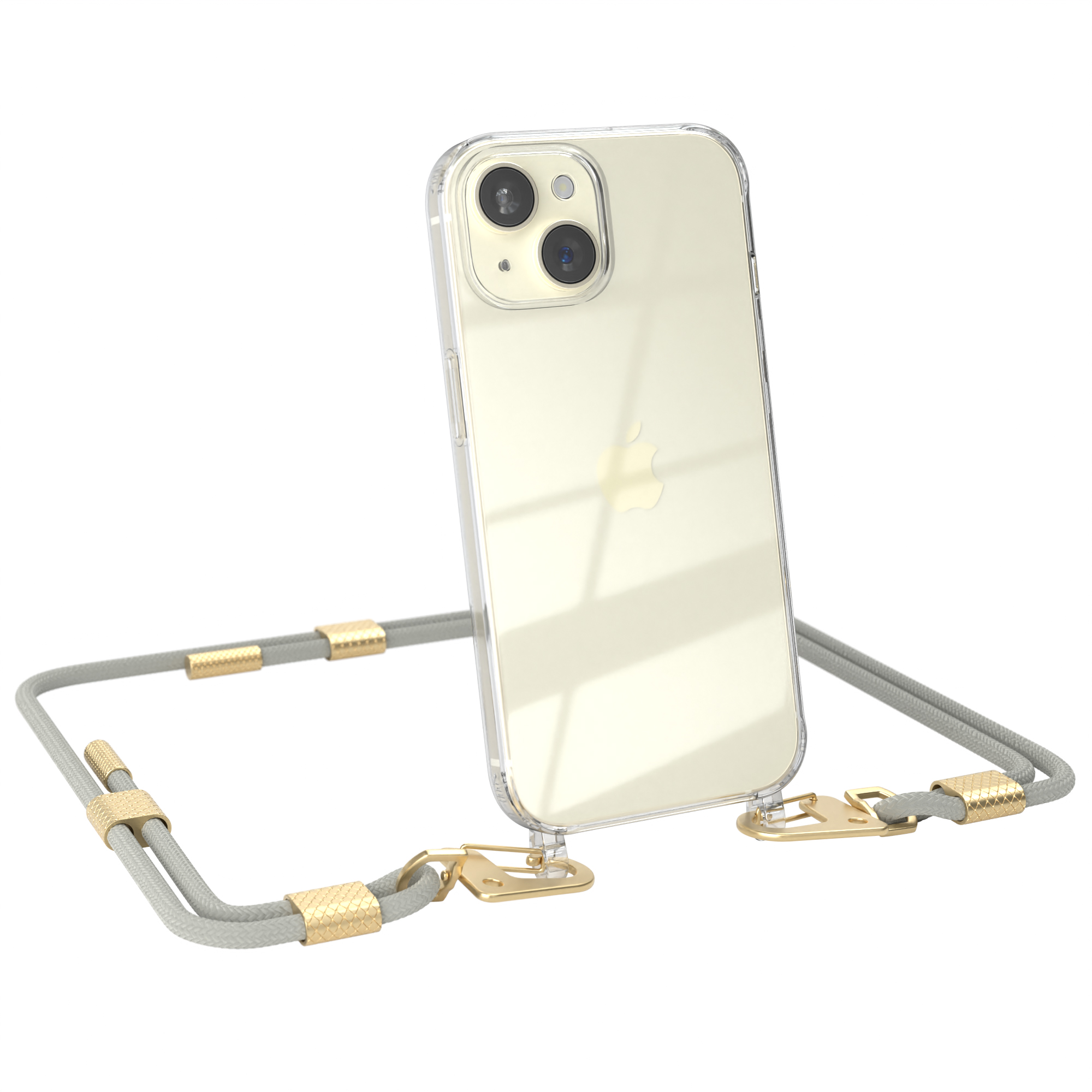 Umhängetasche, + Kordel iPhone 15, Gold Beige runder / Taupe Handyhülle mit Apple, CASE Transparente EAZY Karabiner, Matt