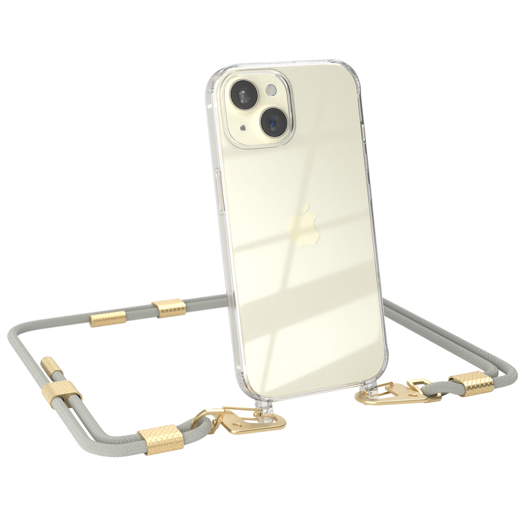 Eine Handyhülle auf dem Telefon, grau-goldene Farbe und ein grau-goldener Riemen. Der Hintergrund ist weiß.