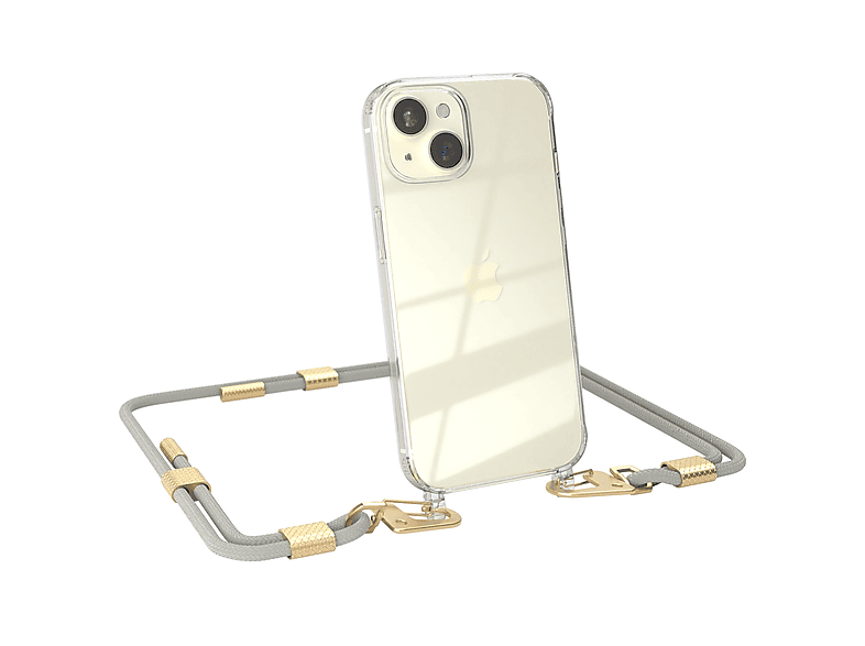 EAZY CASE Transparente Handyhülle mit runder Kordel + Karabiner, Umhängetasche, Apple, iPhone 15, Taupe Beige / Matt Gold