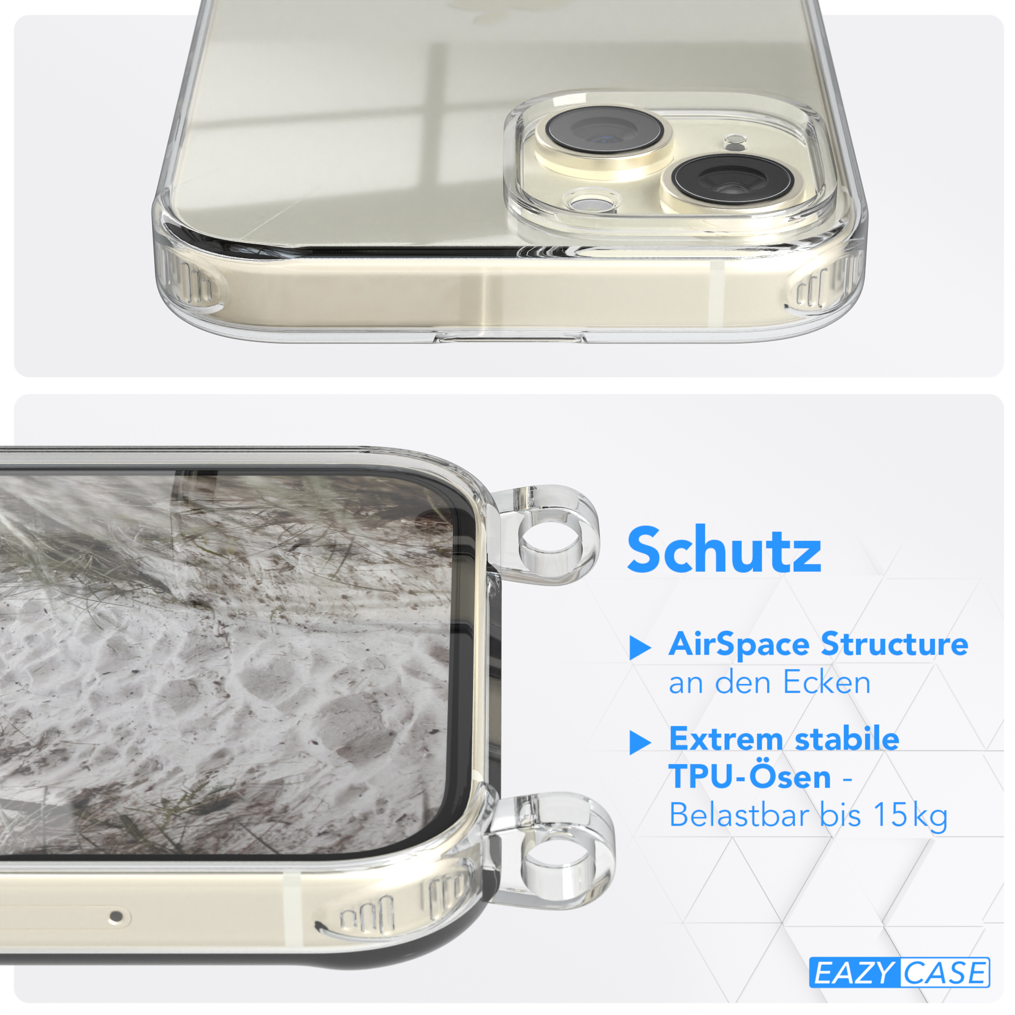 Matt Apple, Taupe / CASE Kordel + Transparente Umhängetasche, mit EAZY Karabiner, Gold runder Handyhülle 15, iPhone Beige