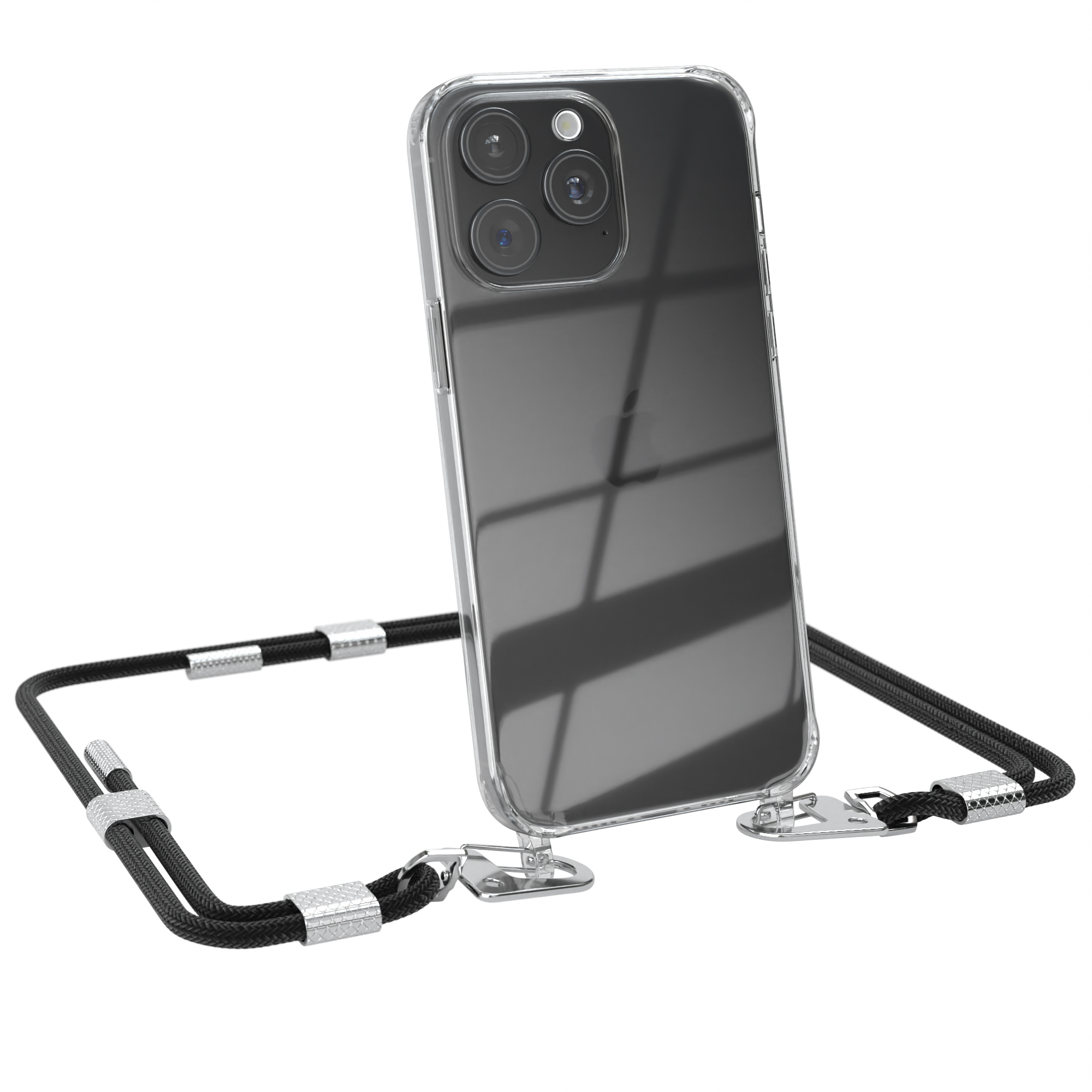 Transparente Handyhülle mit schwarzem Umhängeband, ein Telefon ist darin.