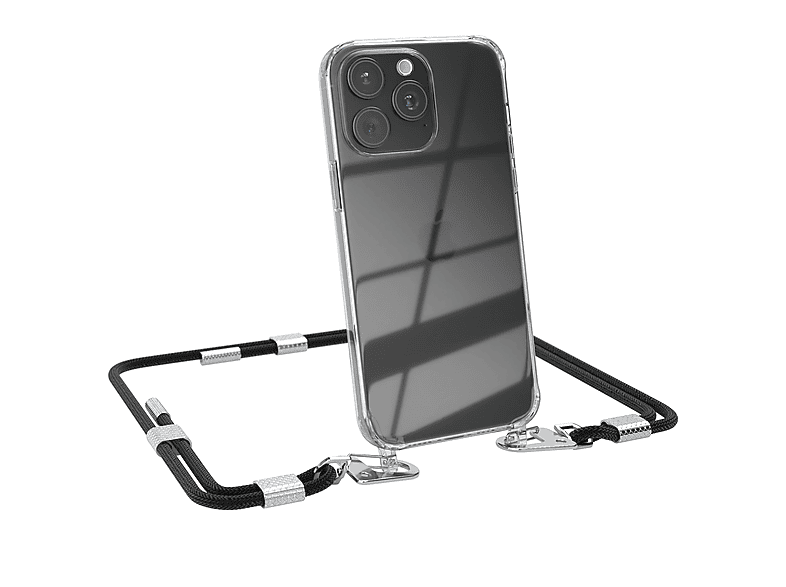 EAZY CASE Transparente Handyhülle Karabiner, Max, Umhängetasche, iPhone / + Apple, 15 Kordel Pro runder Silber Schwarz mit