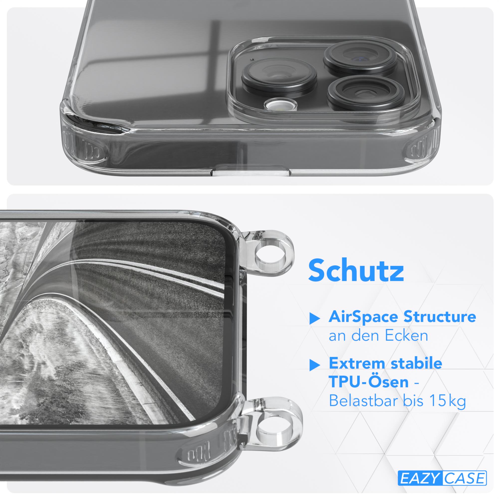 EAZY CASE Transparente Handyhülle Karabiner, Max, Umhängetasche, iPhone / + Apple, 15 Kordel Pro runder Silber Schwarz mit