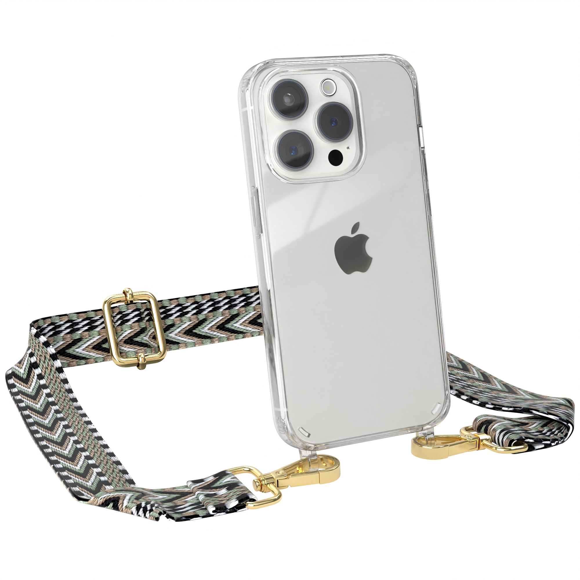 EAZY CASE Transparente mit Boho Style, Pro, Handyhülle Apple, Kordel Umhängetasche, Schwarz iPhone 15 / Grün