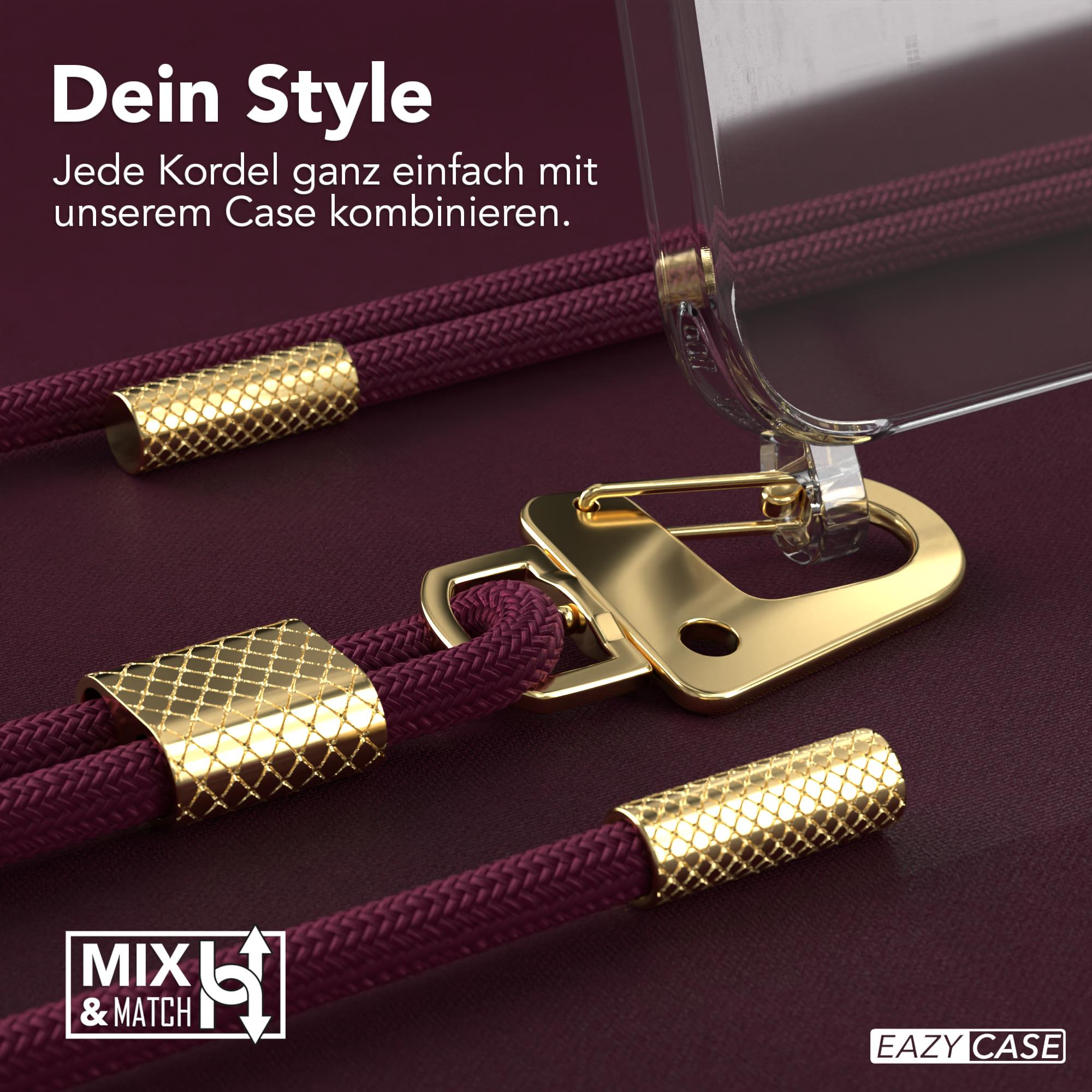 Nahaufnahme von Handyrand und -hülle. Goldfarbener Verschluss und weinroter Riemen. Text: 'Dein Style'.