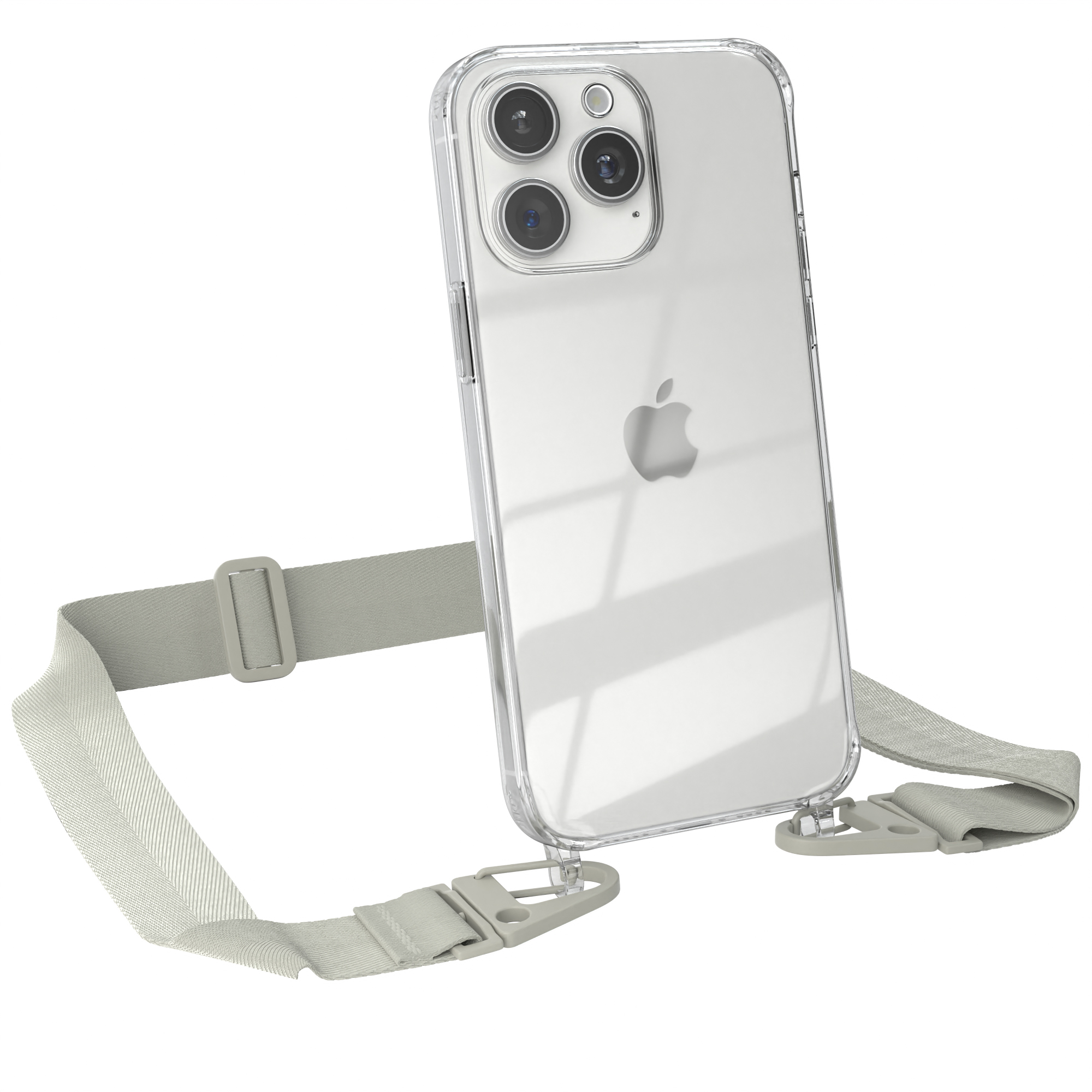 EAZY CASE Transparente Handyhülle mit Umhängetasche, 15 Karabiner, Taupe Max, / + Pro Apple, iPhone Beige breiter Kordel Grau