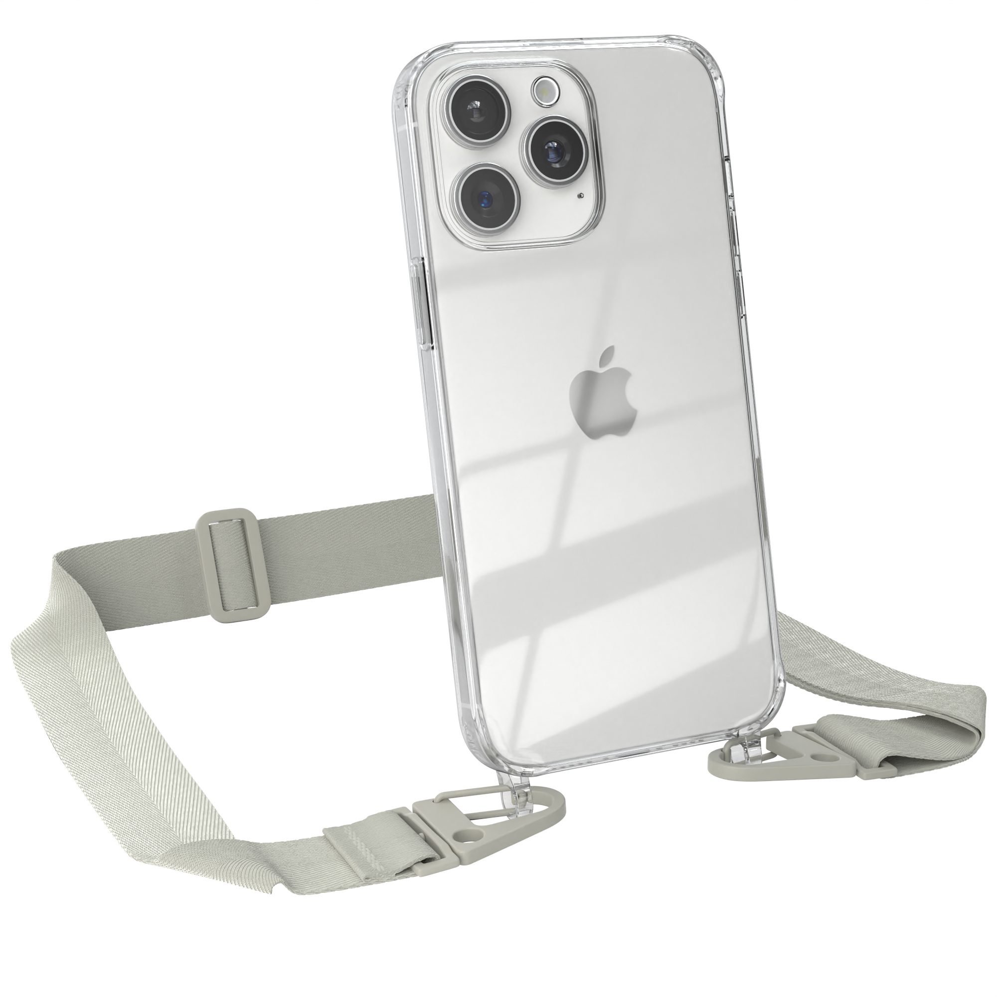 15 / Kordel Taupe Transparente EAZY Grau breiter Karabiner, + mit Handyhülle Apple, Pro Beige CASE Umhängetasche, iPhone Max,