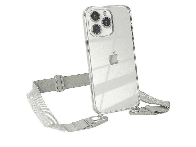 mit Umhängetasche, Max, CASE Karabiner, Pro Kordel Apple, Transparente Taupe Grau breiter Handyhülle iPhone Beige 15 + / EAZY
