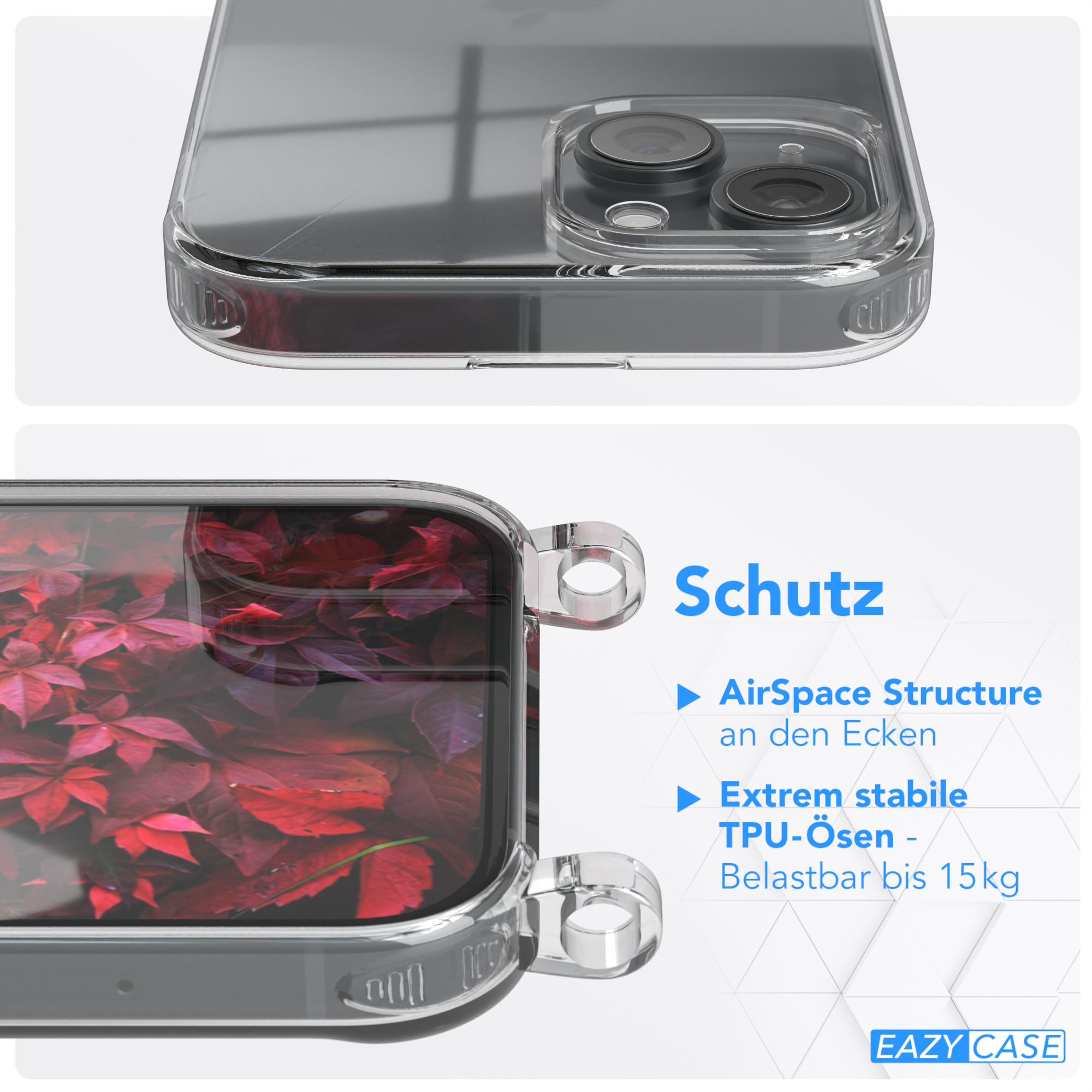 Transparente Handyhülle mit rotem Blätterbild, Rückseite und Seite mit Schutzdetails.