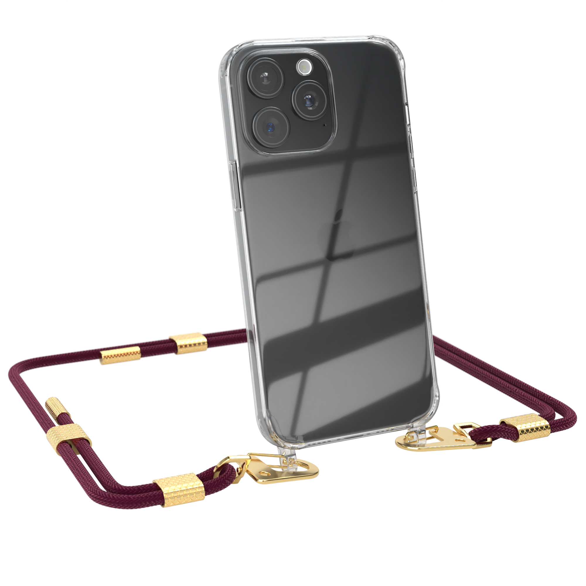 EAZY CASE Transparente iPhone / Kordel mit Umhängetasche, Handyhülle Pro Gold Max, 15 Apple, + runder Karabiner, Bordeaux