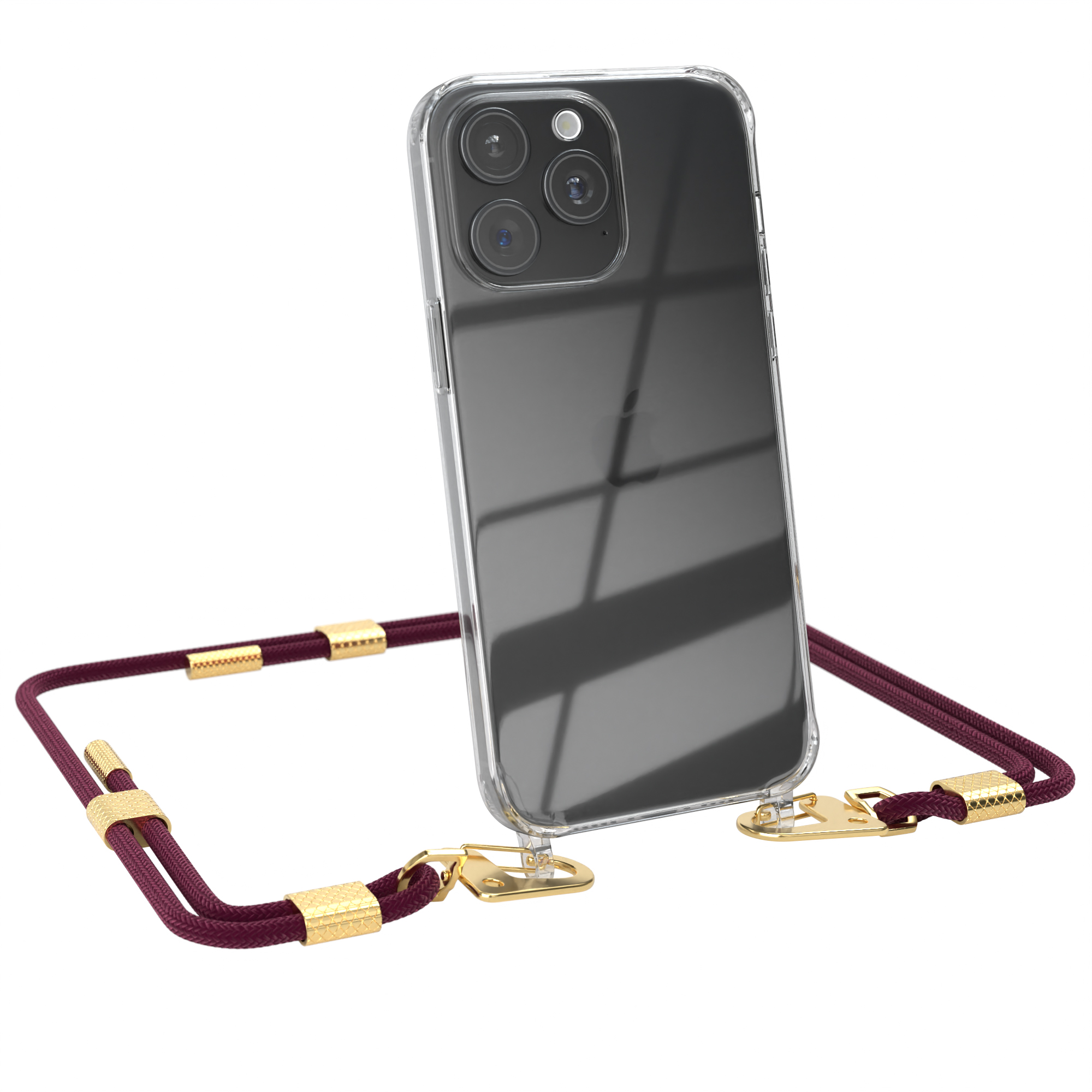 Ein Telefon in einer durchsichtigen Hülle mit rotem Kabel. Das Kabel hat goldene Stecker.