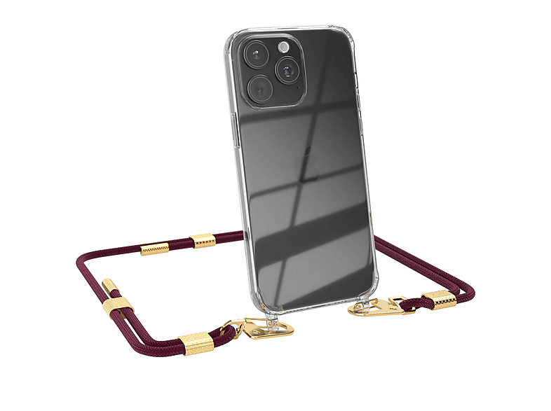 EAZY CASE Transparente Handyhülle Pro + mit runder Gold 15 Kordel / iPhone Umhängetasche, Apple, Karabiner, Max, Bordeaux