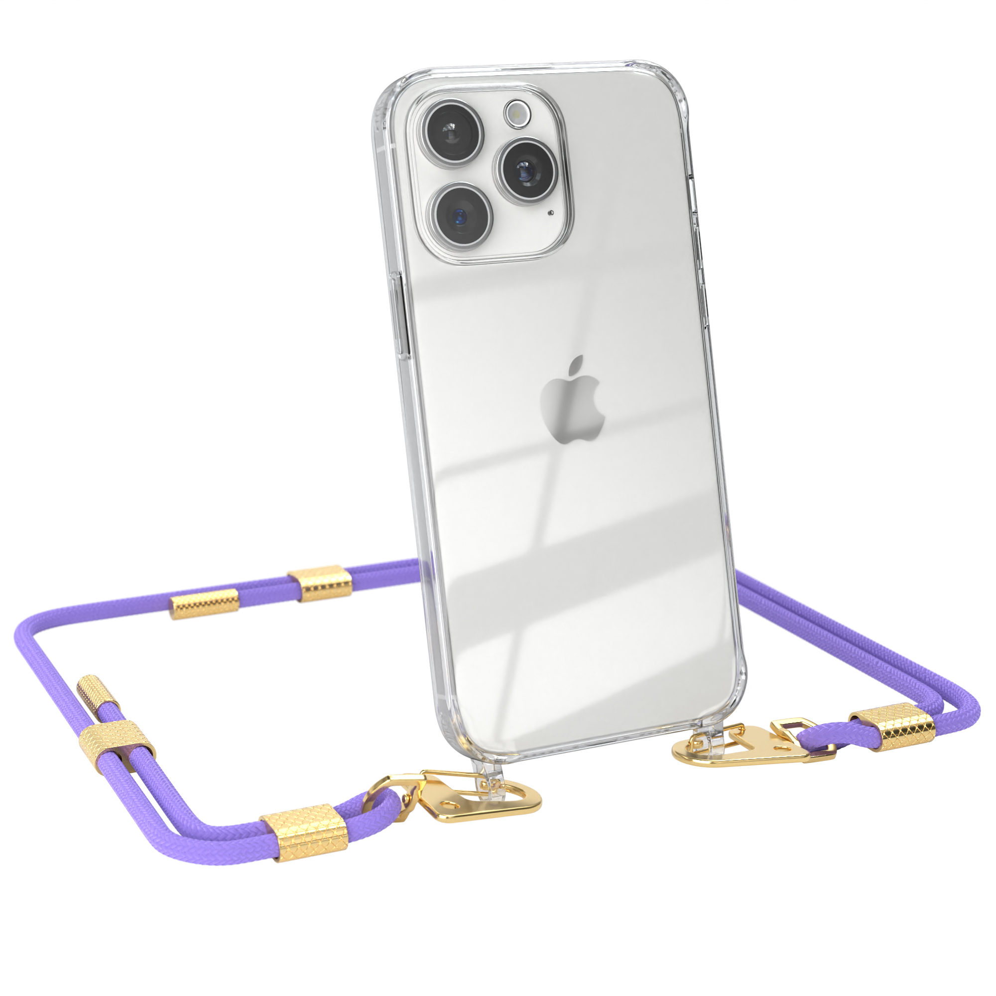 Eine transparente Handyhülle mit lila Kordel wird gezeigt. Das Telefon hat eine Kamera und ein Apple-Logo auf der Rückseite.