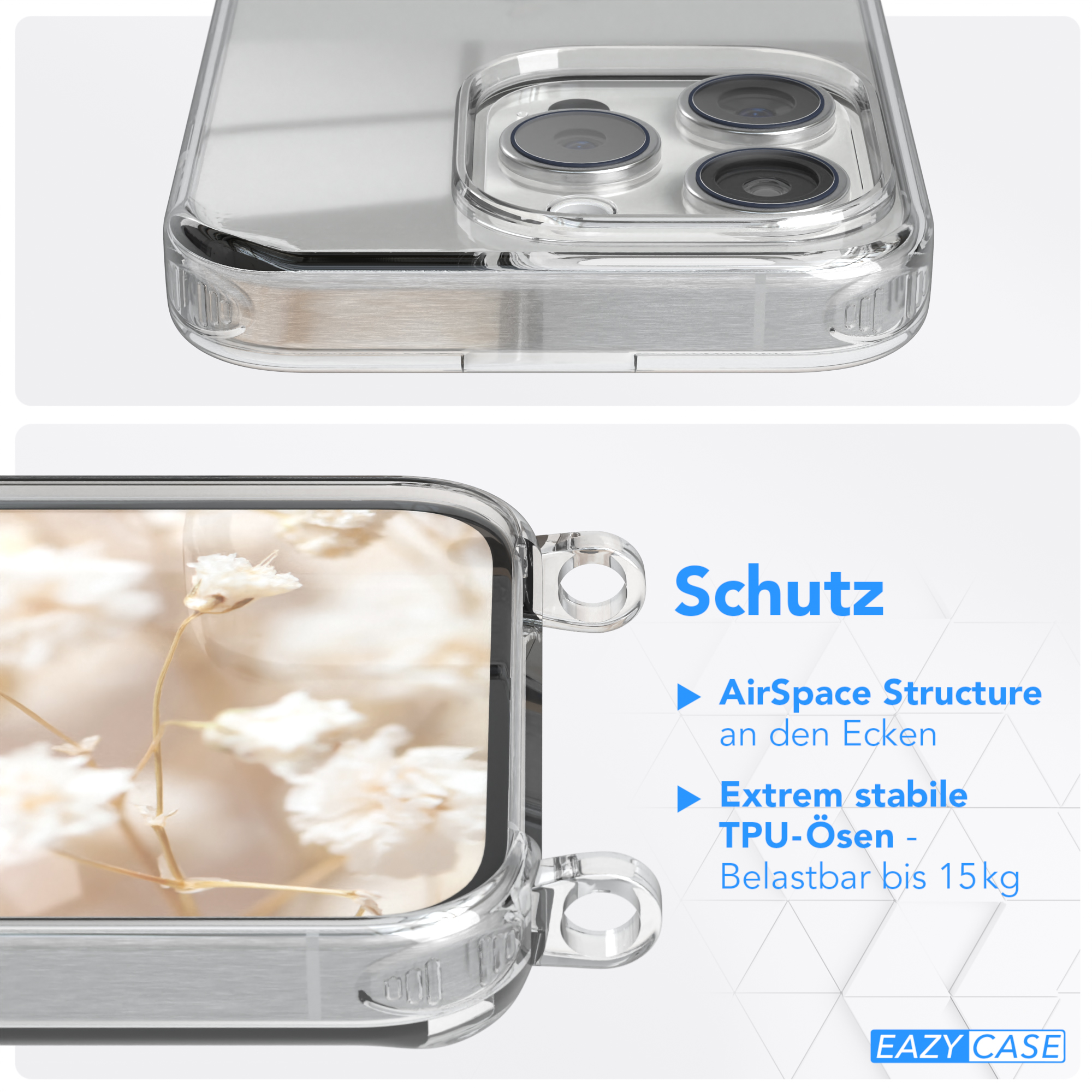 EAZY CASE Transparente mit Boho Style, Pro, Handyhülle Apple, Kordel Umhängetasche, Schwarz iPhone 15 / Grün