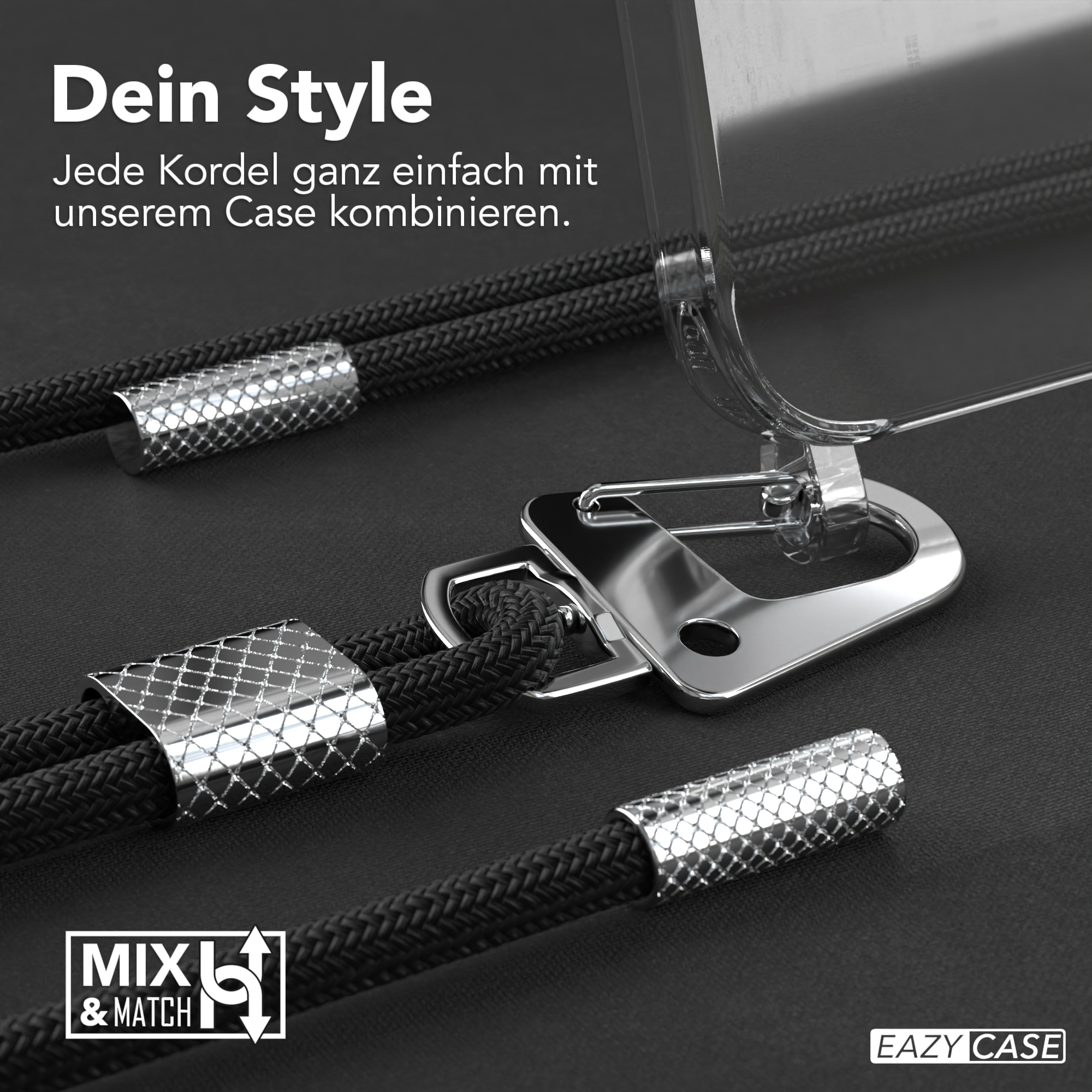 Nahaufnahme eines schwarzen Gehäusebands mit silberner Hardware.