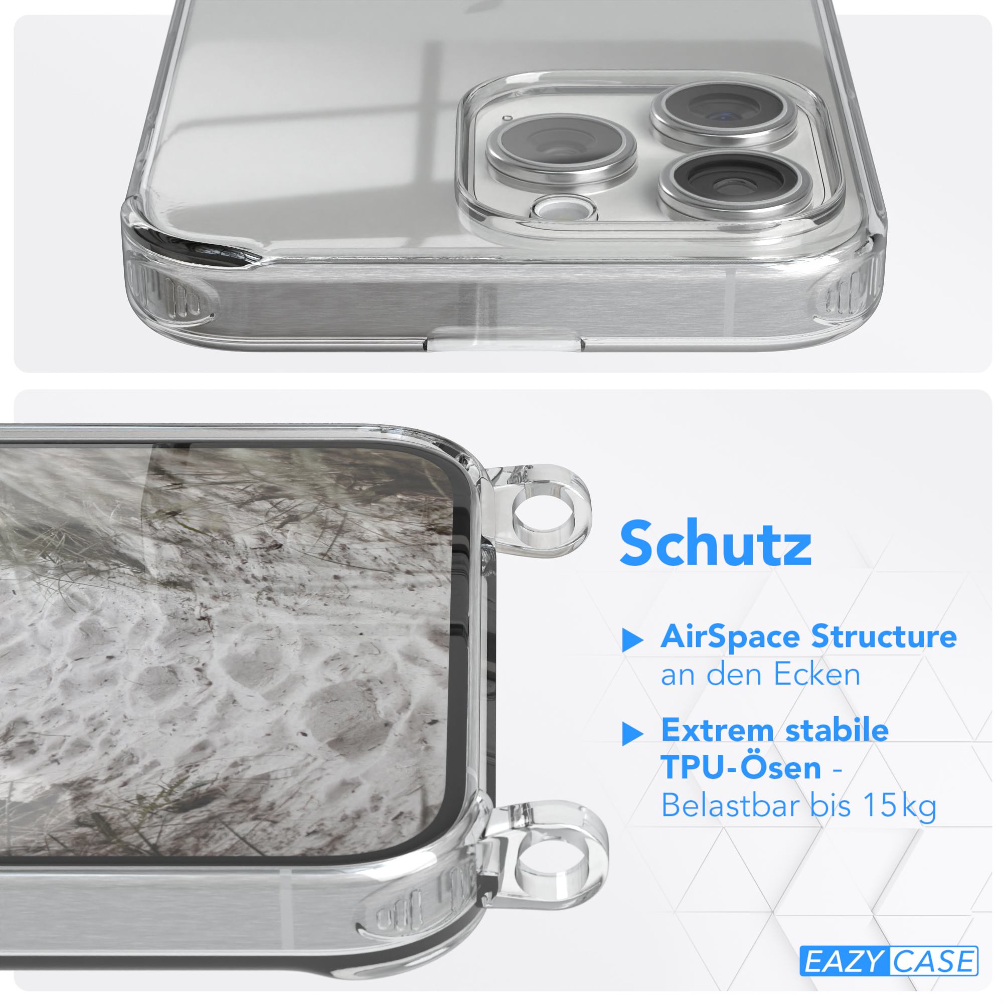 EAZY CASE Transparente Handyhülle mit 15 breiter Max, Apple, Umhängetasche, Taupe Karabiner, iPhone Pro Kordel + / Beige Grau