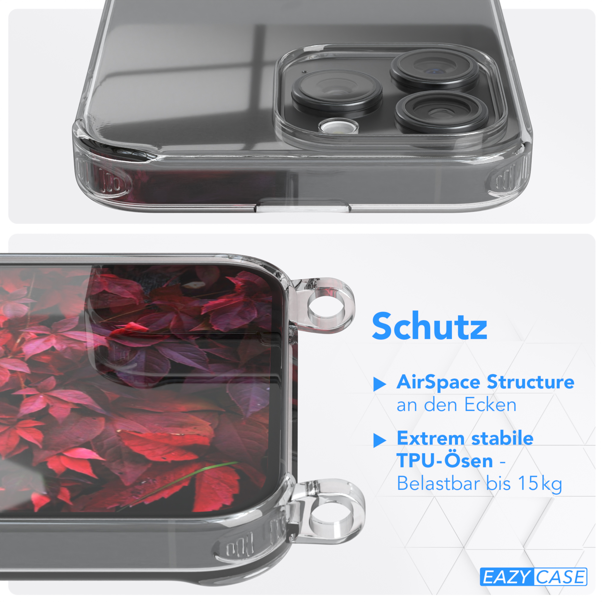 Transparente Handyhülle CASE 15 EAZY Pro / Bordeaux Apple, Karabiner, runder mit Max, iPhone Kordel Gold Umhängetasche, +
