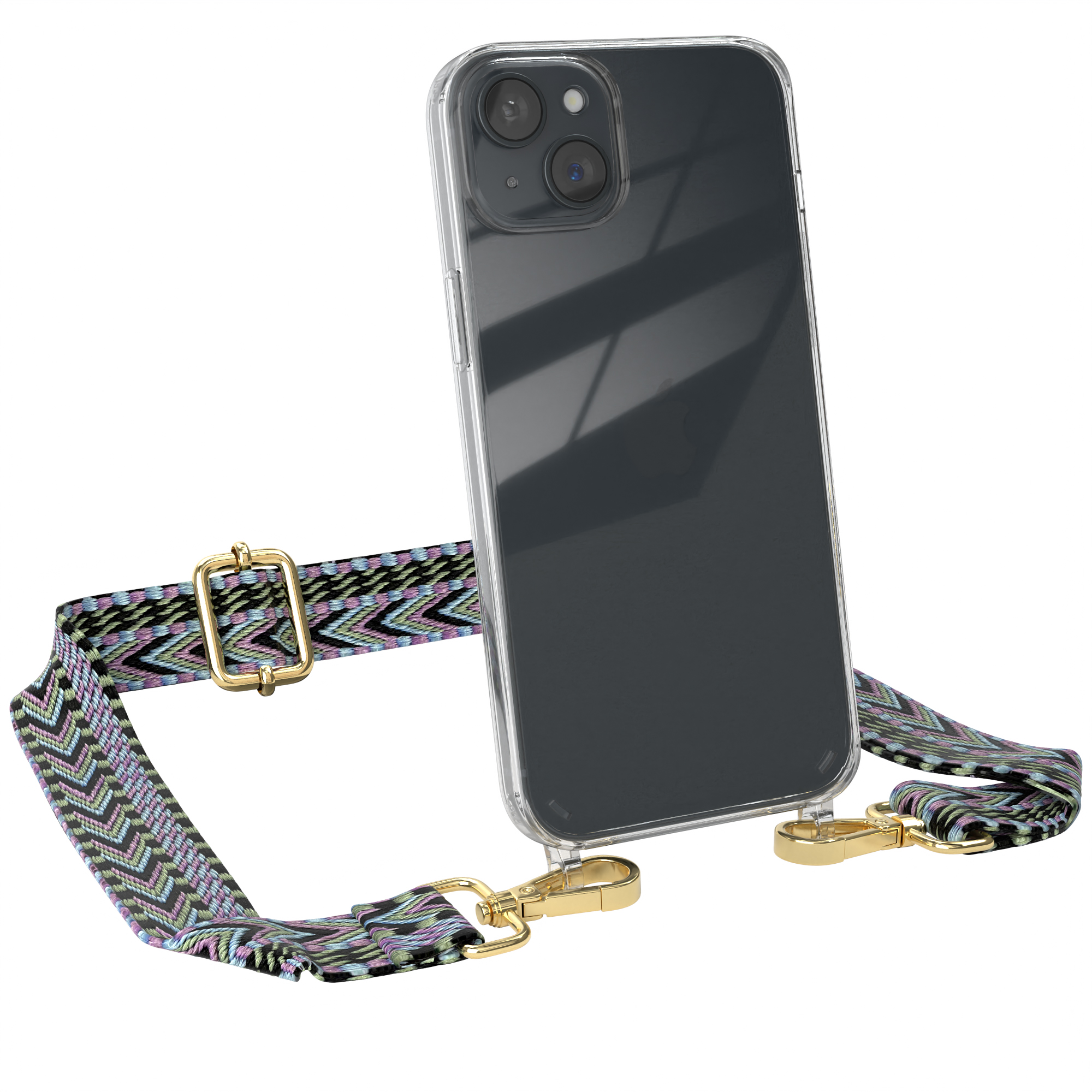 Transparente Handyhülle mit gemustertem Riemen. Das Telefon hat drei Kameras. Goldfarbene Verschlüsse sichern den Riemen.