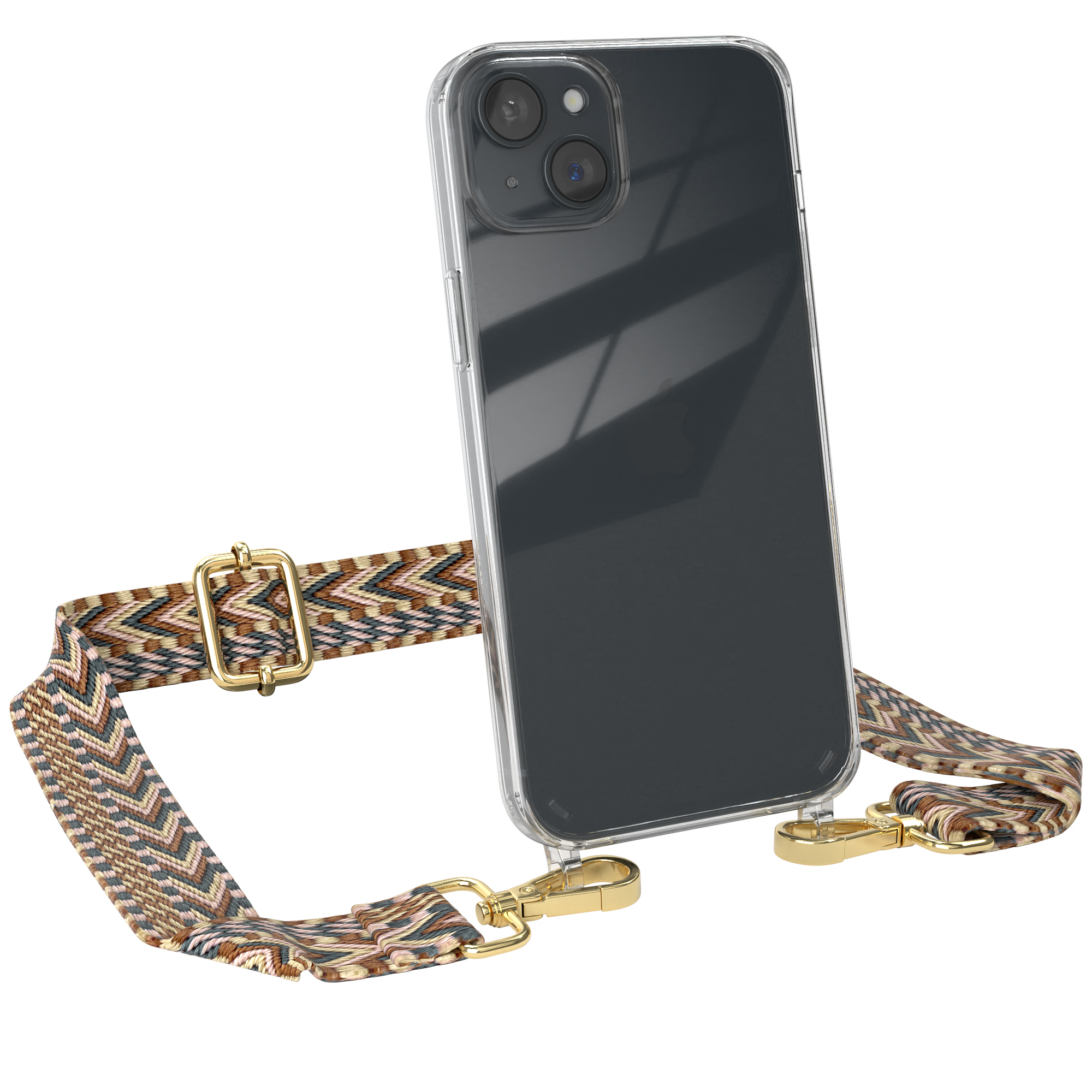 Eine transparente Handyhülle mit einem Riemen und goldfarbenen Metalldetails.