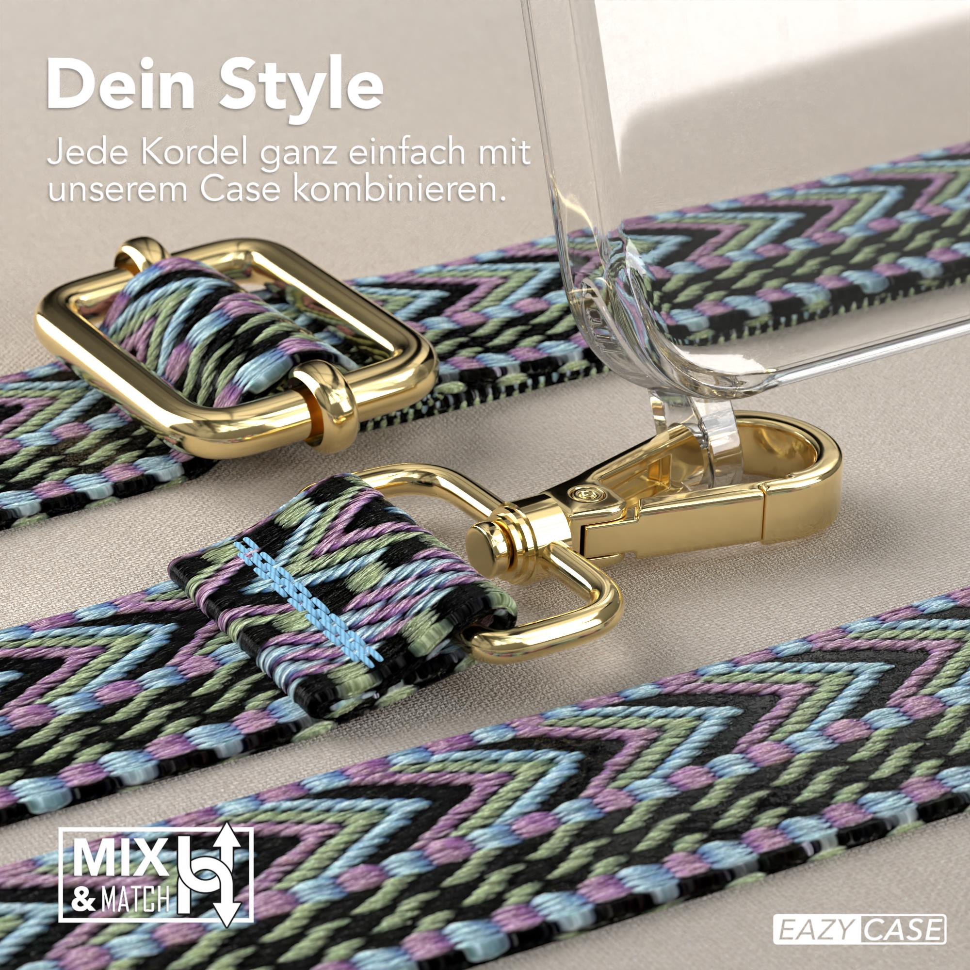 Nahaufnahme von Handyhülle und Riemen, zeigt gemusterten Riemen und goldenen Verschluss.