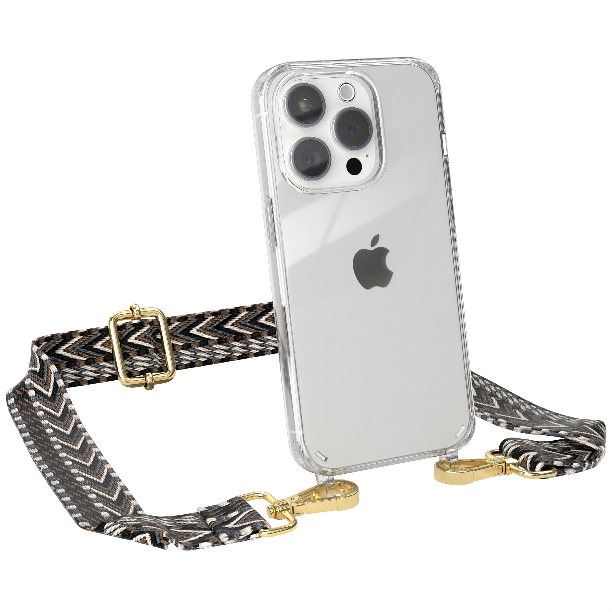 iPhone in klarer Hülle mit gemustertem Gurt. Der Gurt hat goldene Verschlüsse. Die Hülle ist transparent.