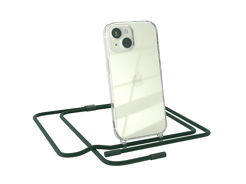 EAZY CASE Transparente Handyhülle mit runder Kette unifarbend, Umhängetasche, Apple, iPhone 15, Dunkelgrün / Nachtgrün