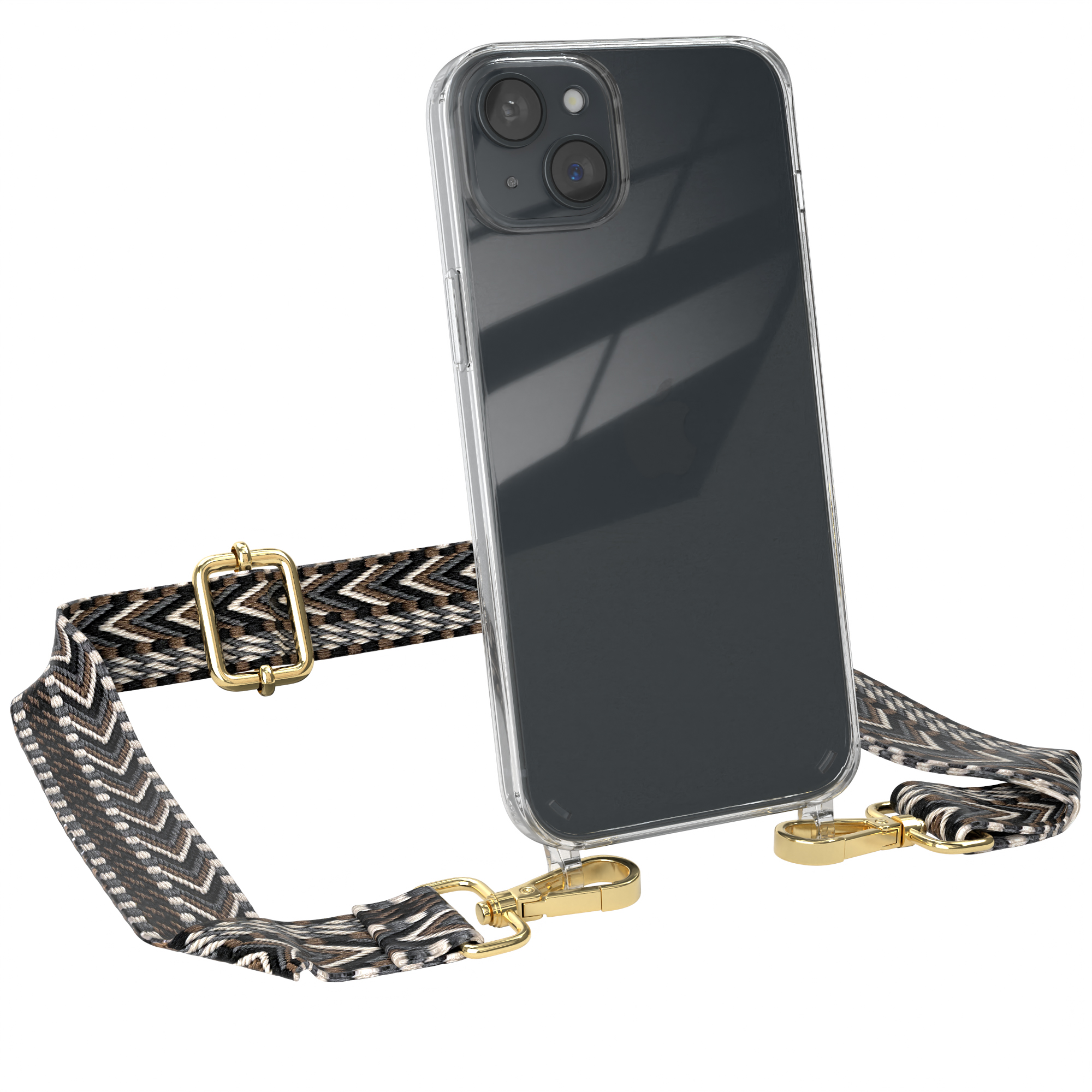 Apple, Umhängetasche, CASE / iPhone 15 Boho mit EAZY Style, Transparente Schwarz Handyhülle Kordel Plus, Grau