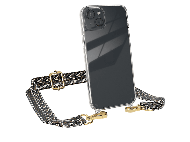 Apple, Umhängetasche, CASE / iPhone 15 Boho mit EAZY Style, Transparente Schwarz Handyhülle Kordel Plus, Grau