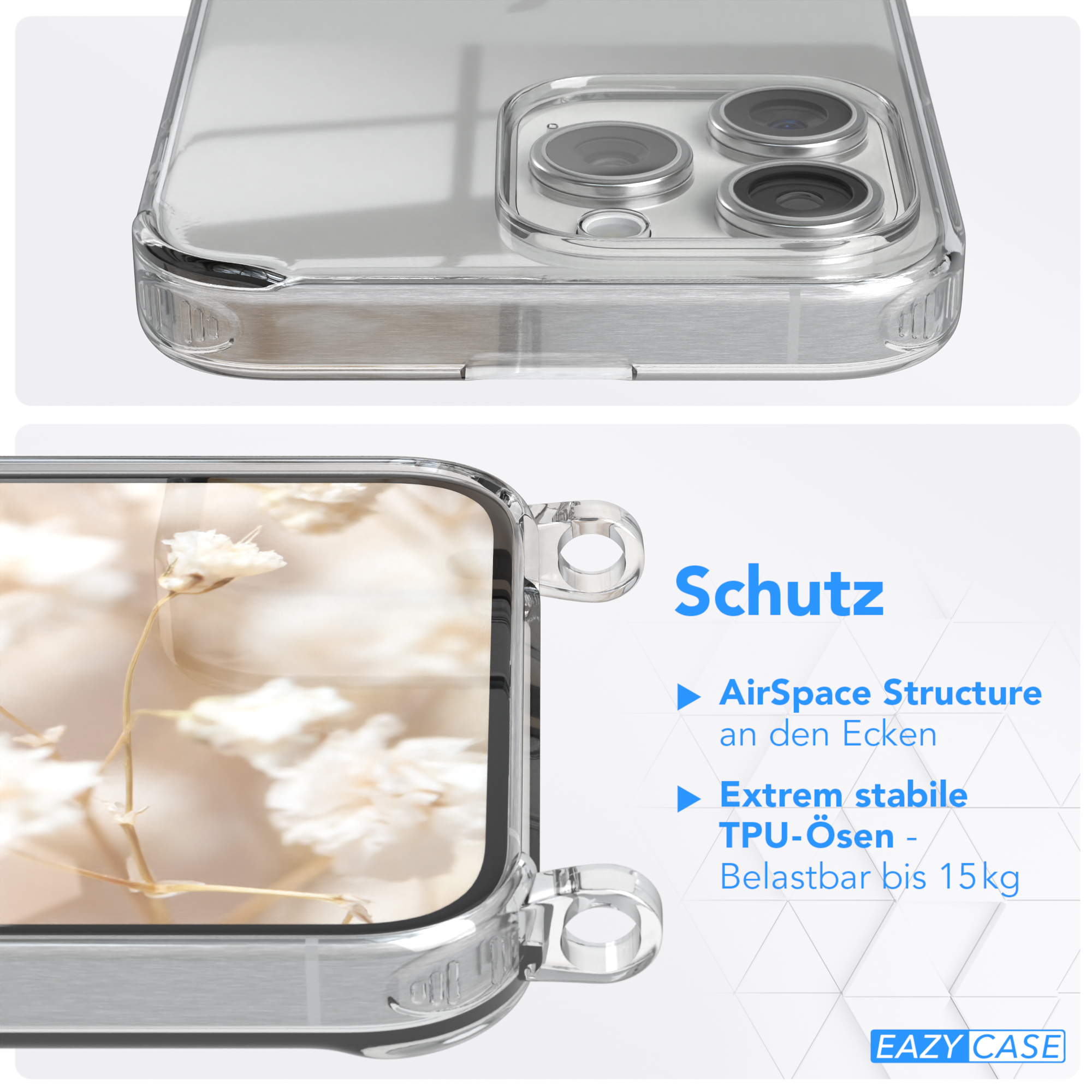 EAZY CASE Transparente Handyhülle mit Blau Weiß / 15 iPhone Pro Style, Boho Kordel Max, Umhängetasche, Apple