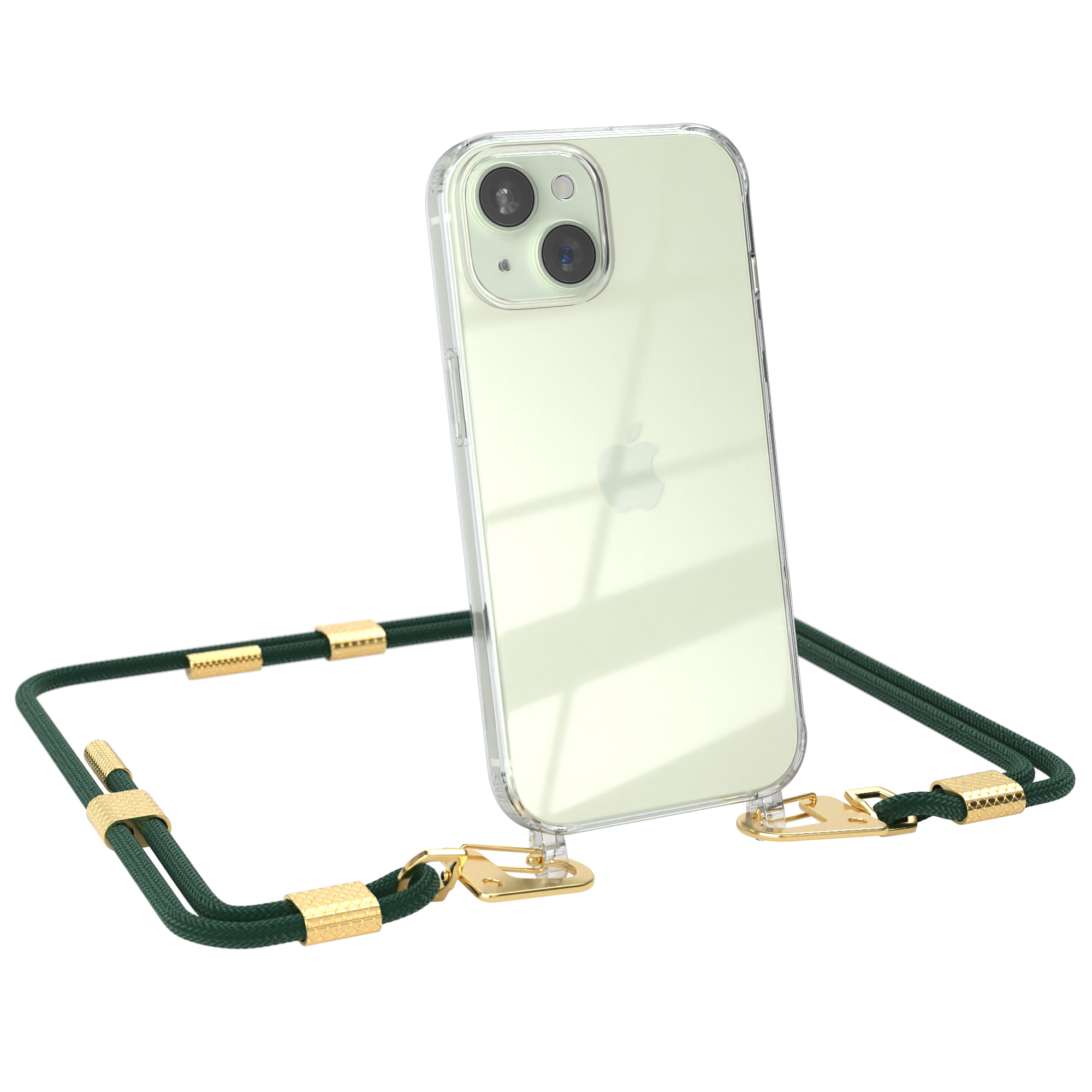 EAZY CASE Transparente Handyhülle Kordel Umhängetasche, Apple, iPhone Nachtgrün Gold mit + Karabiner, / runder 15
