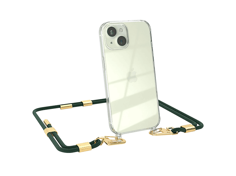 EAZY CASE Transparente Handyhülle mit runder Kordel + Karabiner, Umhängetasche, Apple, iPhone 15, Nachtgrün / Gold