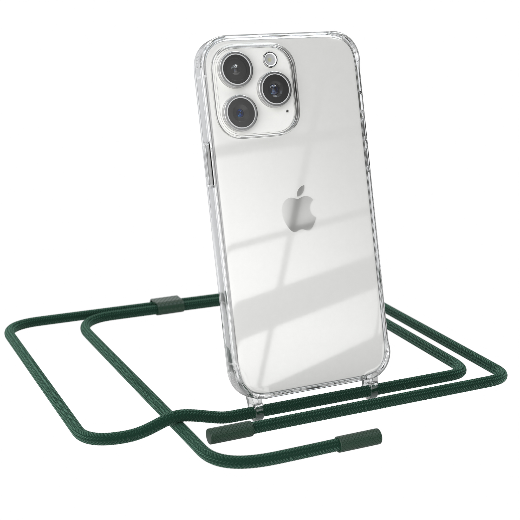 EAZY CASE Transparente Handyhülle runder Umhängetasche, Max, Apple, Nachtgrün mit Kette Pro unifarbend, 15 Dunkelgrün iPhone 