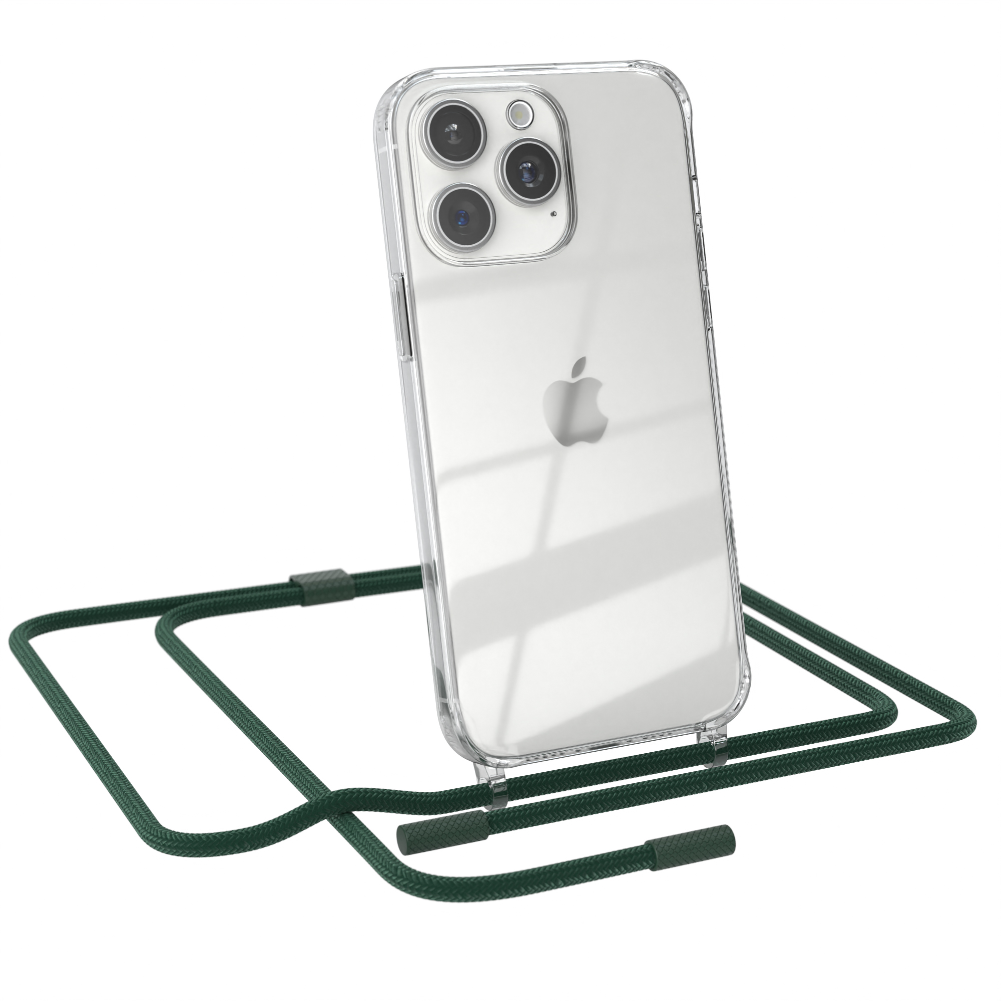 Transparente Handyhülle auf einem Telefon mit grünem Kordel. Hülle hat Apple-Logo. Kordel ist unten befestigt.