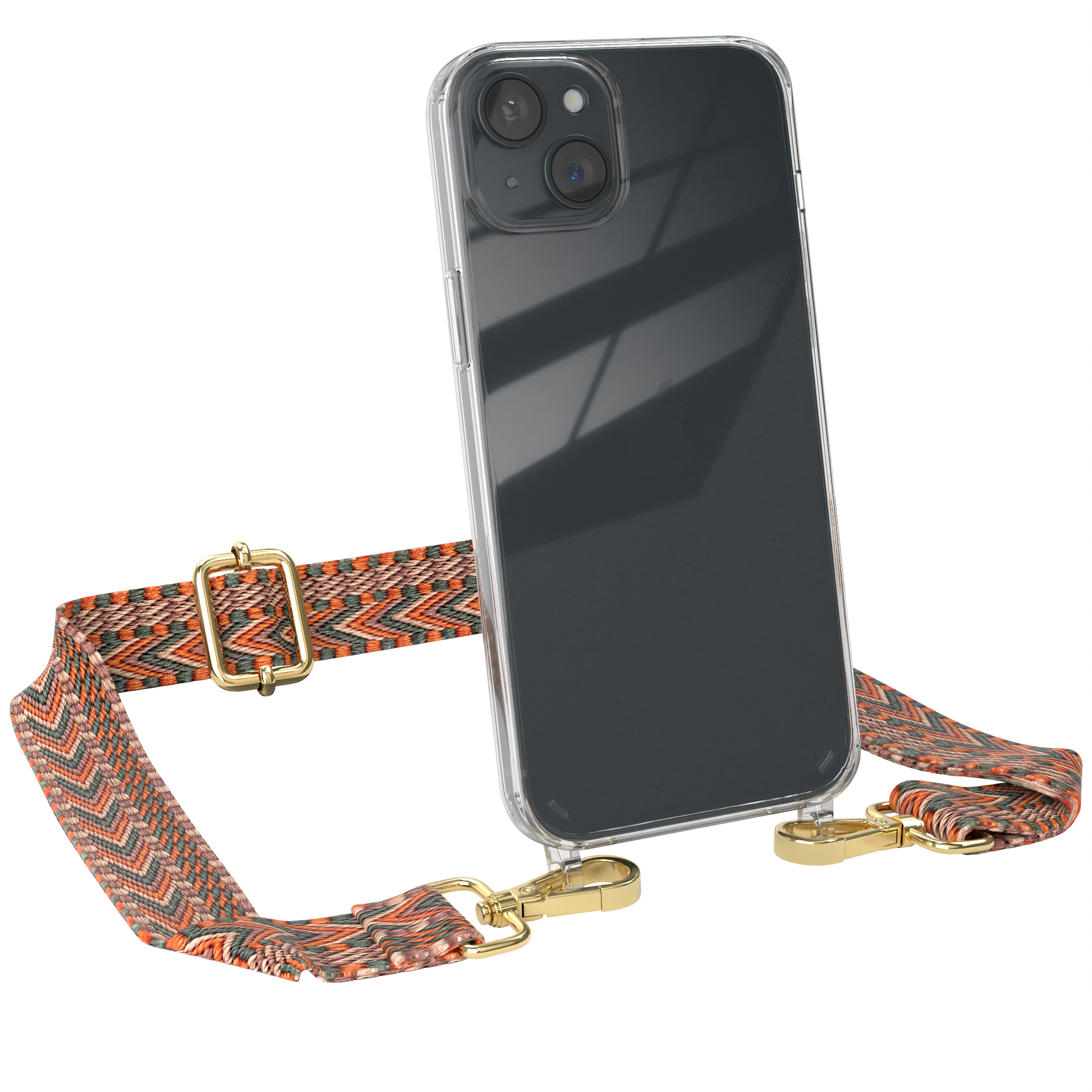 EAZY CASE Transparente Umhängetasche, iPhone Orange Boho / Grün Plus, Style, Handyhülle mit Kordel 15 Apple