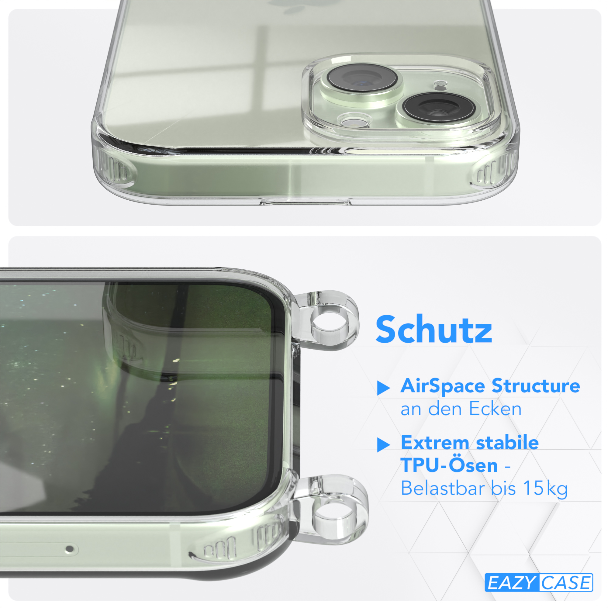 EAZY CASE Transparente Handyhülle Karabiner, Apple, Nachtgrün + / mit 15, iPhone Umhängetasche, Kordel runder Gold