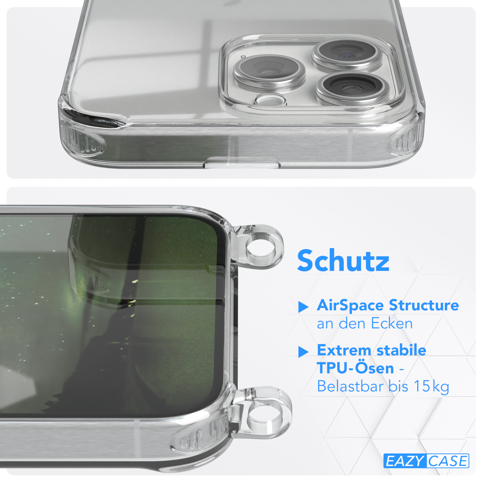 Eine transparente Handyhülle mit einem Telefon darin. Die Hülle hat Löcher für Tasten.