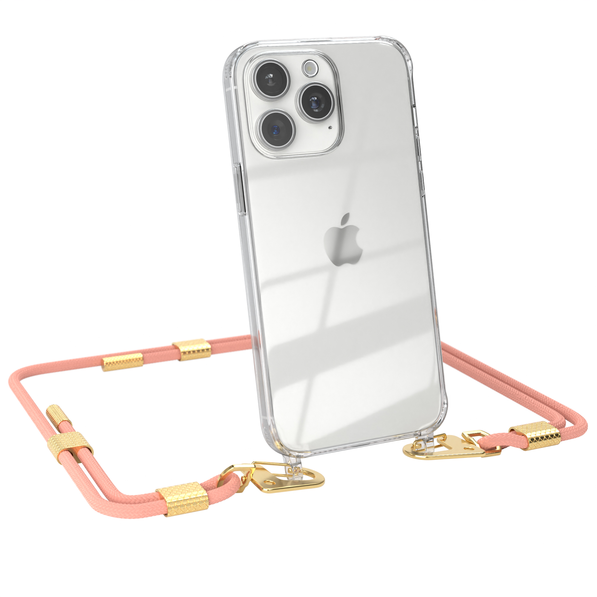 Eine transparente Handyhülle mit einem rosa Trageriemen.