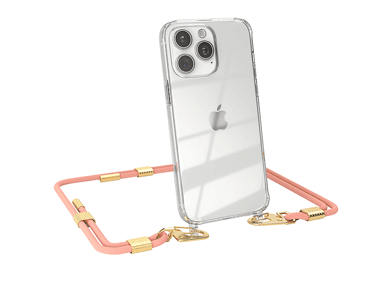 EAZY CASE Transparente Altrosa iPhone Gold Max, 15 Apple, Karabiner, Umhängetasche, Handyhülle Kordel Pro mit / + runder