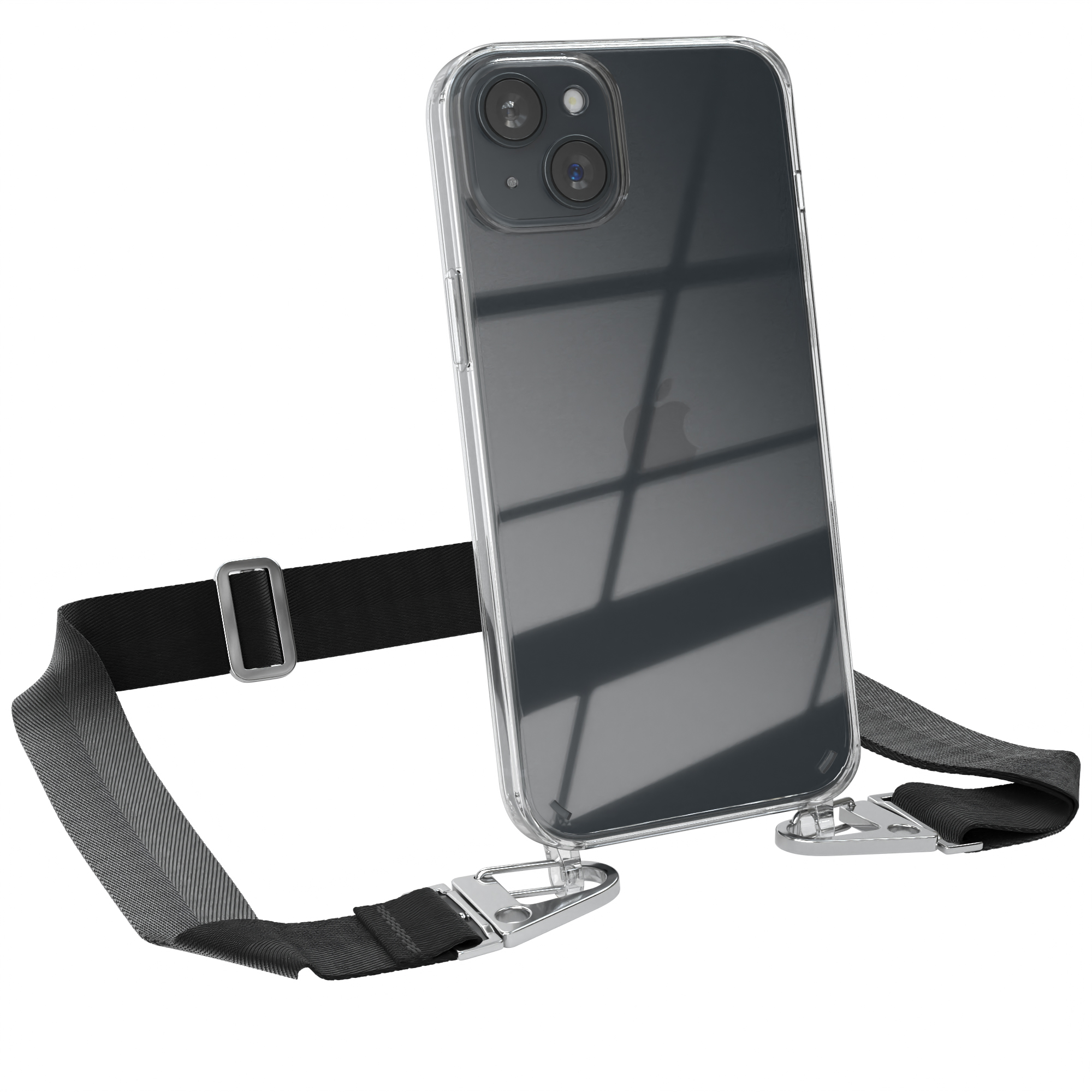 EAZY CASE Transparente Handyhülle 15 / Karabiner, Umhängetasche, iPhone Schwarz mit + Kordel breiter Apple, Plus, Silber