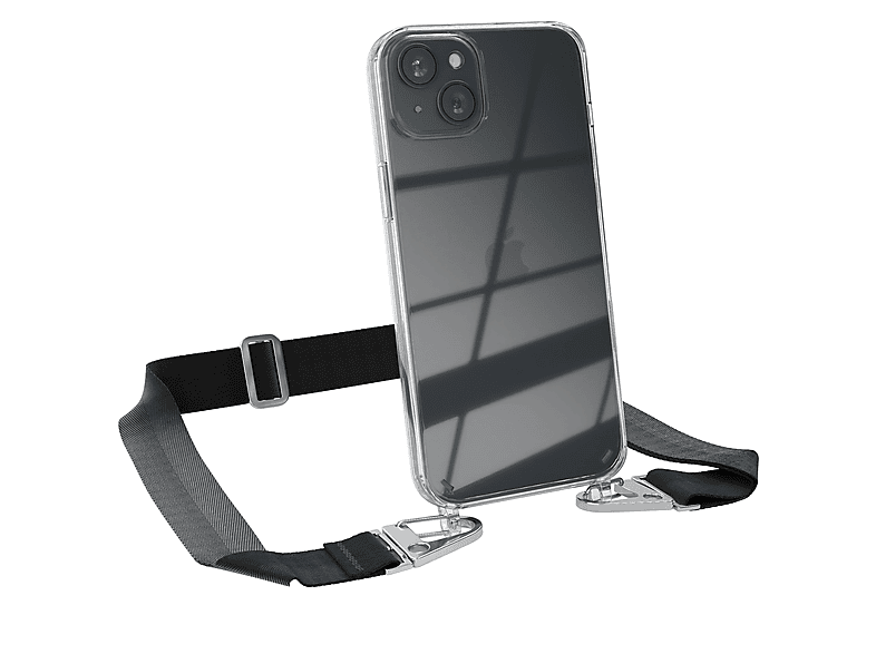 EAZY CASE Transparente Handyhülle mit breiter Kordel + Karabiner, Umhängetasche, Apple, iPhone 15 Plus, Schwarz / Silber