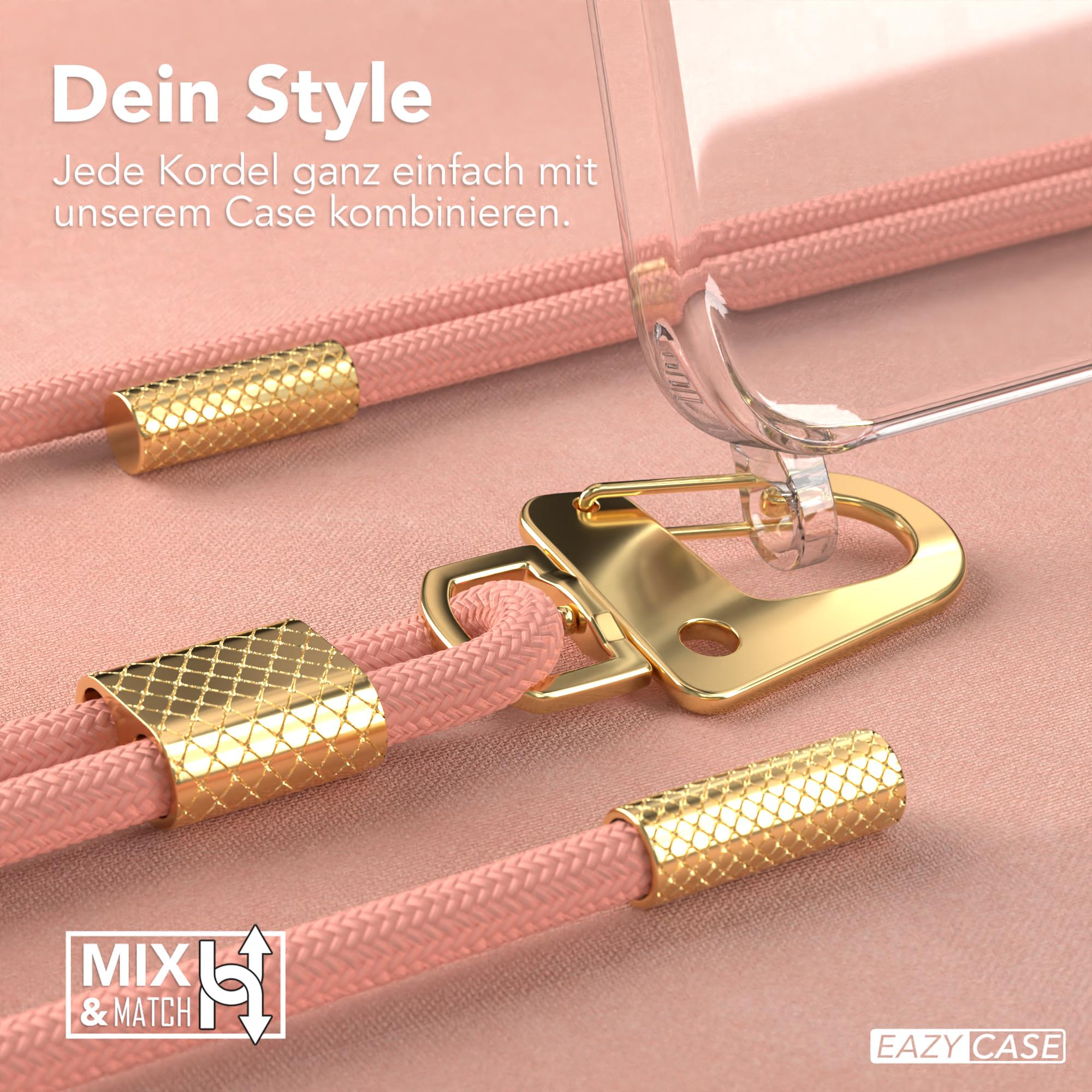 Nahaufnahme von rosa Kordeln mit goldenen Verschlüssen und einer transparenten Handyhülle mit Text.