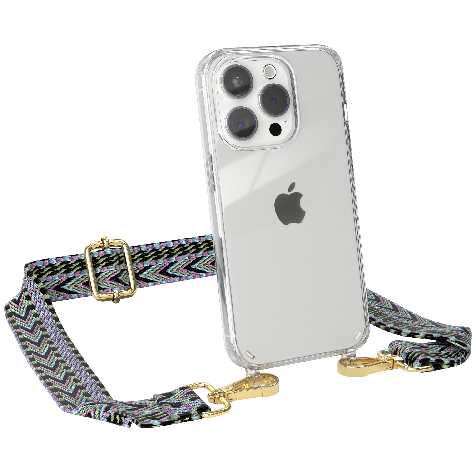 Eine transparente Handyhülle mit Telefon und einem Gurt mit farbenfrohem Design.